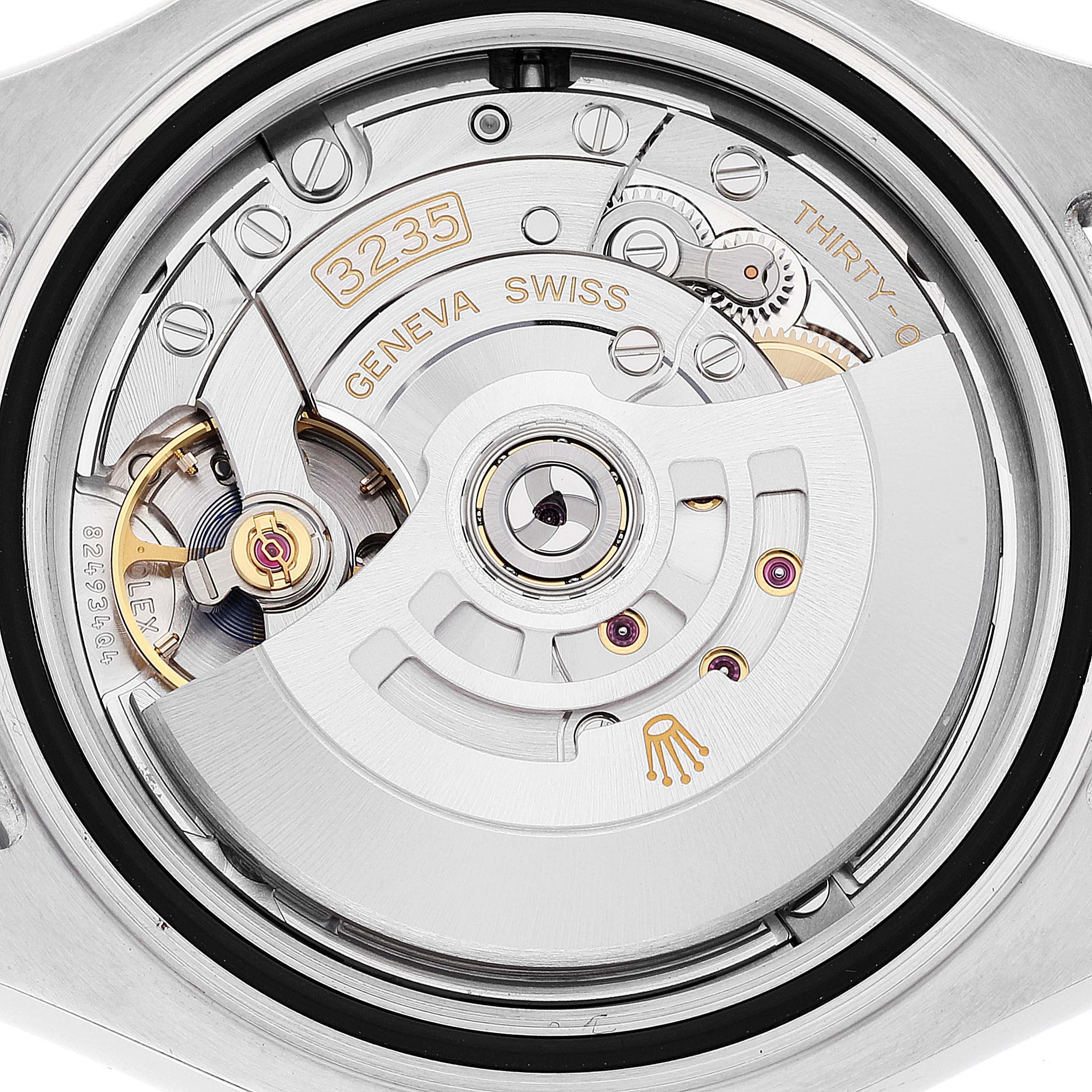 This image shows the movement mechanism of a Rolex Yacht-Master 126622 Men's Stainless Steel Blue Dial 126622 Men's Stainless Steel Blue Dial watch from a macro angle.