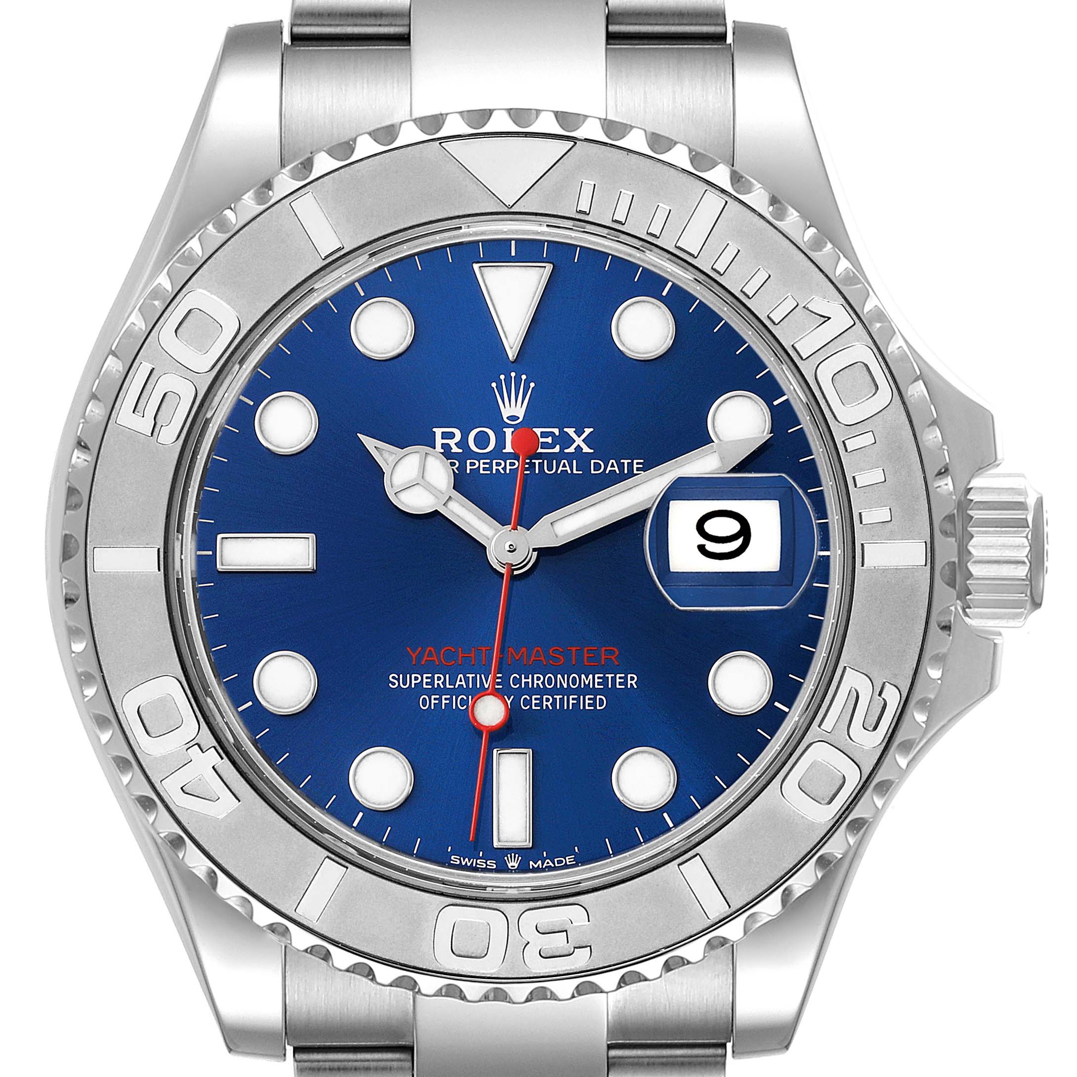 The Rolex Yacht-Master 126622 Men's Stainless Steel Blue Dial 126622 Men's Stainless Steel Blue Dial watch is shown from a front angle, highlighting the dial, bezel, and date display.