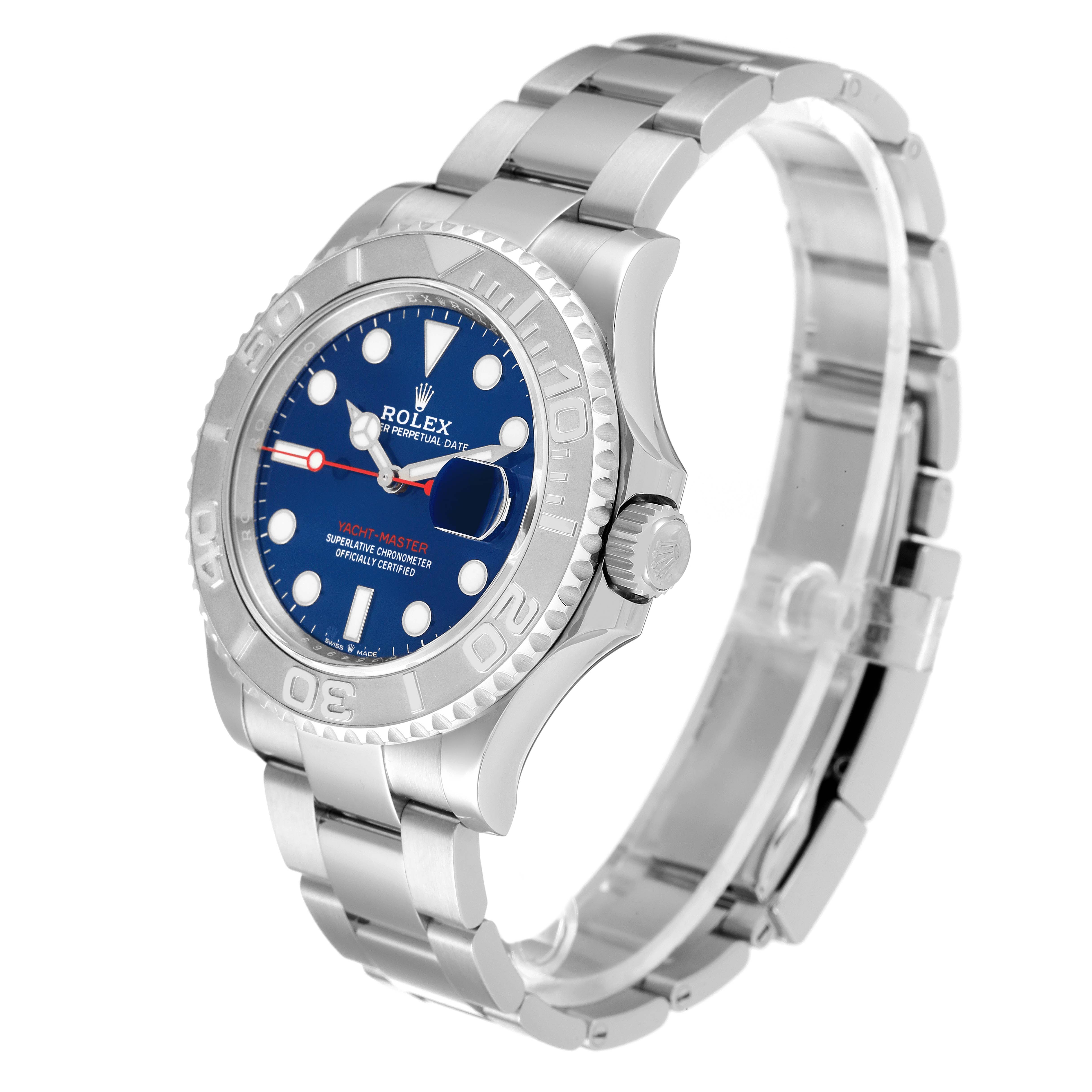 The Rolex Yacht-Master 126622 Men's Stainless Steel Blue Dial 126622 Men's Stainless Steel Blue Dial watch is shown at a three-quarter angle, highlighting the bracelet, bezel, dial, and crown.