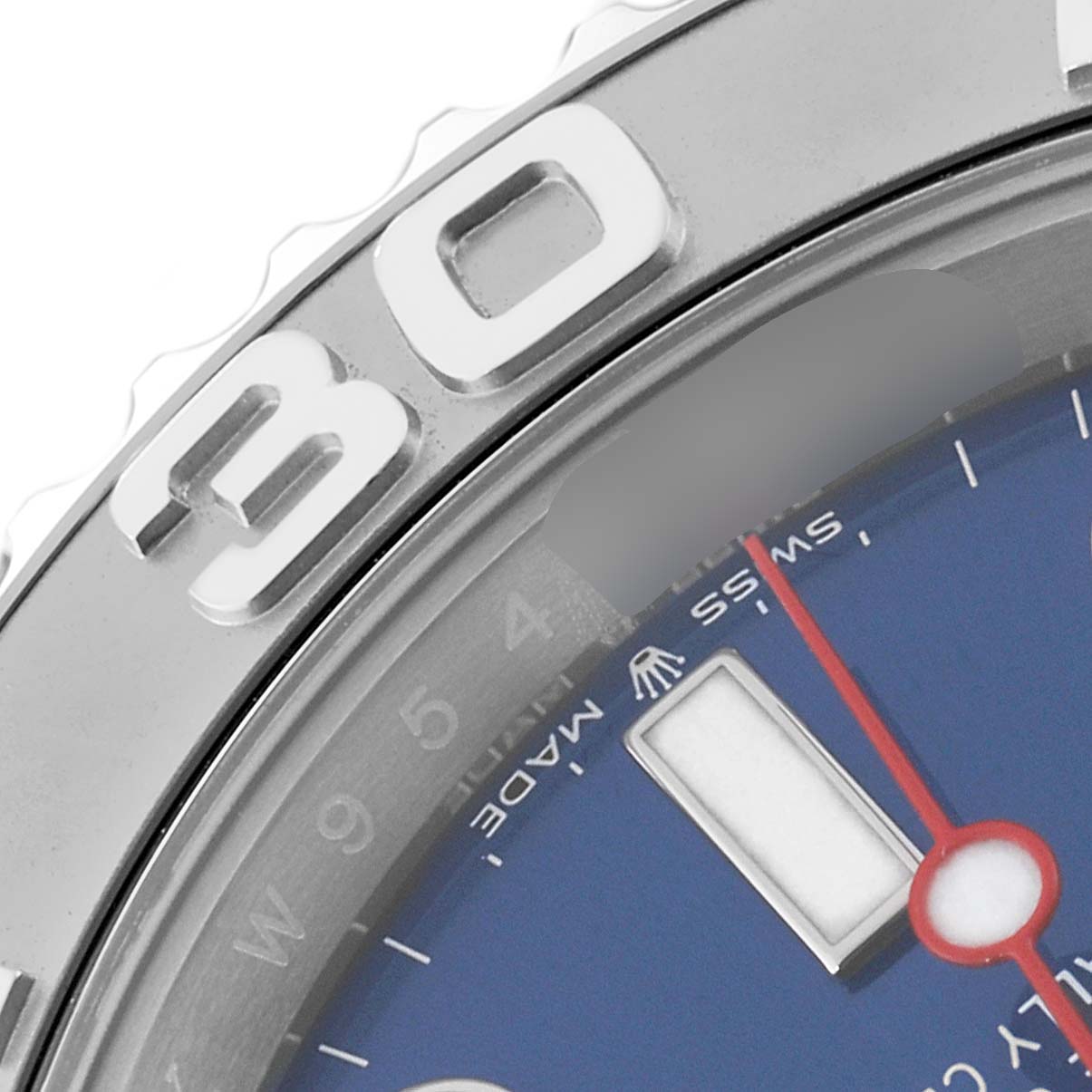 The image shows a close-up of the Rolex Yacht-Master 126622 Men's Stainless Steel Blue Dial 126622 Men's Stainless Steel Blue Dial watch, highlighting the bezel and part of the dial with hour markers and the red second hand. 