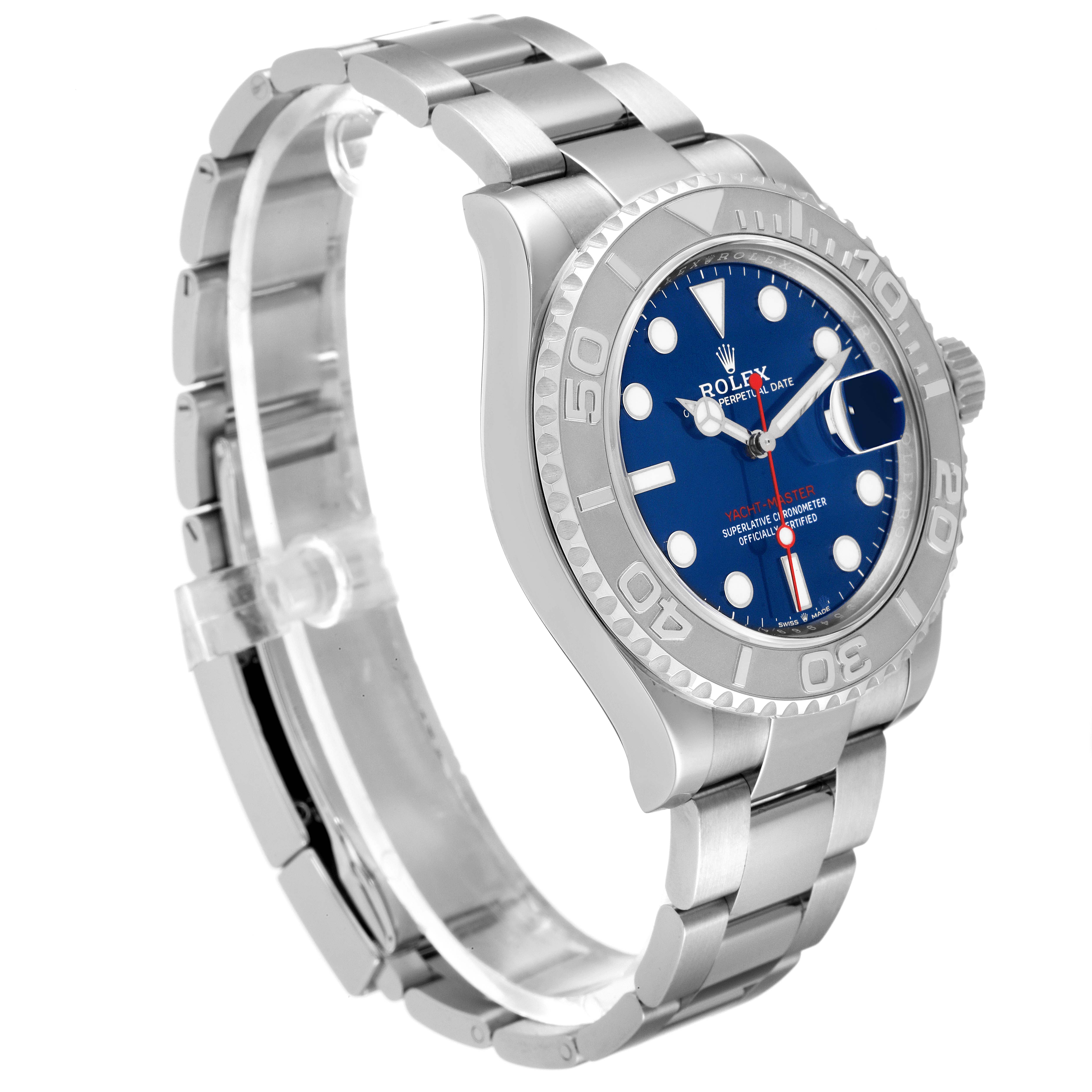 This image shows a Rolex Yacht-Master 126622 Men's Stainless Steel Blue Dial 126622 Men's Stainless Steel Blue Dial watch at a 45-degree angle, highlighting its face, bezel, and bracelet.