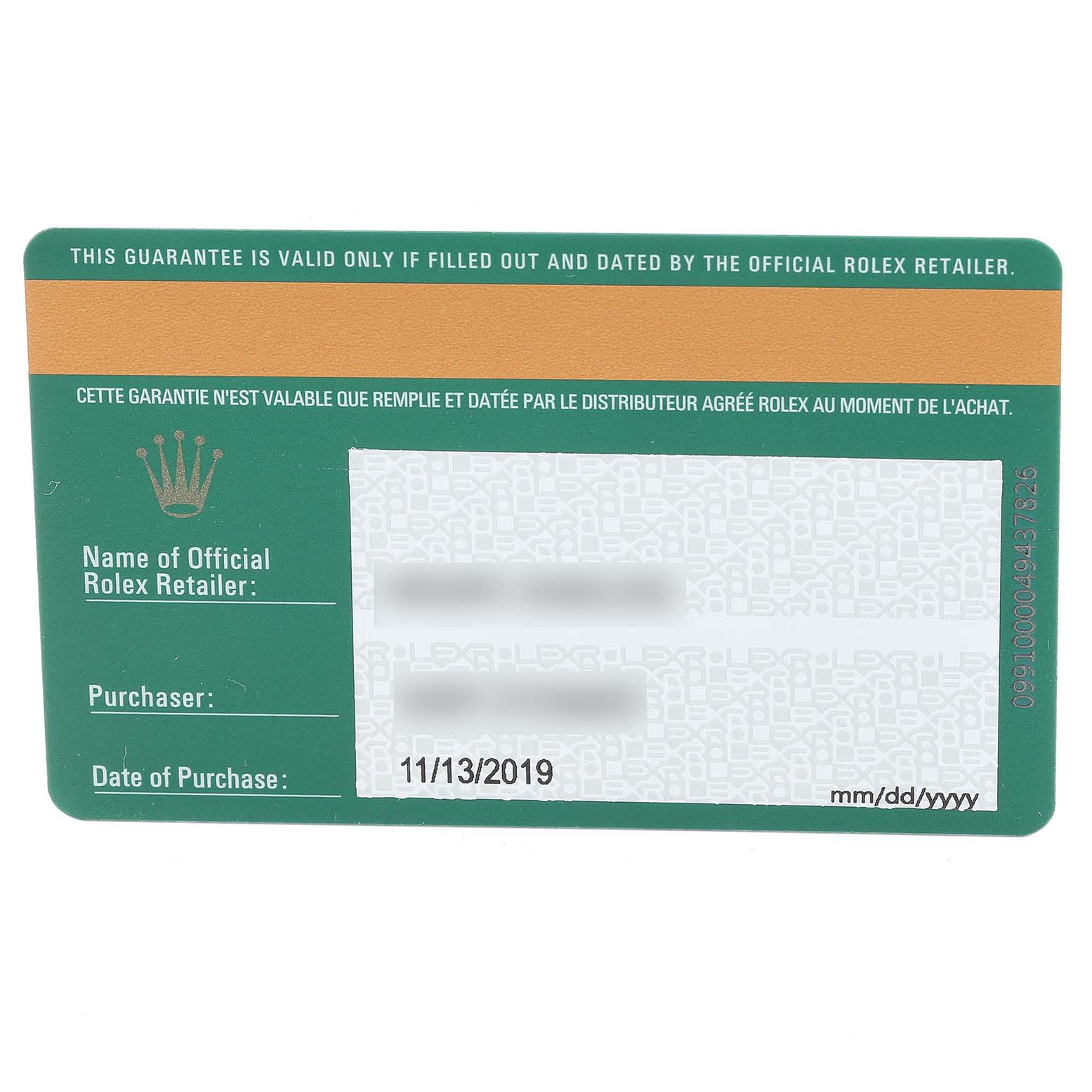 This image shows an official Rolex guarantee card for a Yacht-Master model, including retailer information and date of purchase.