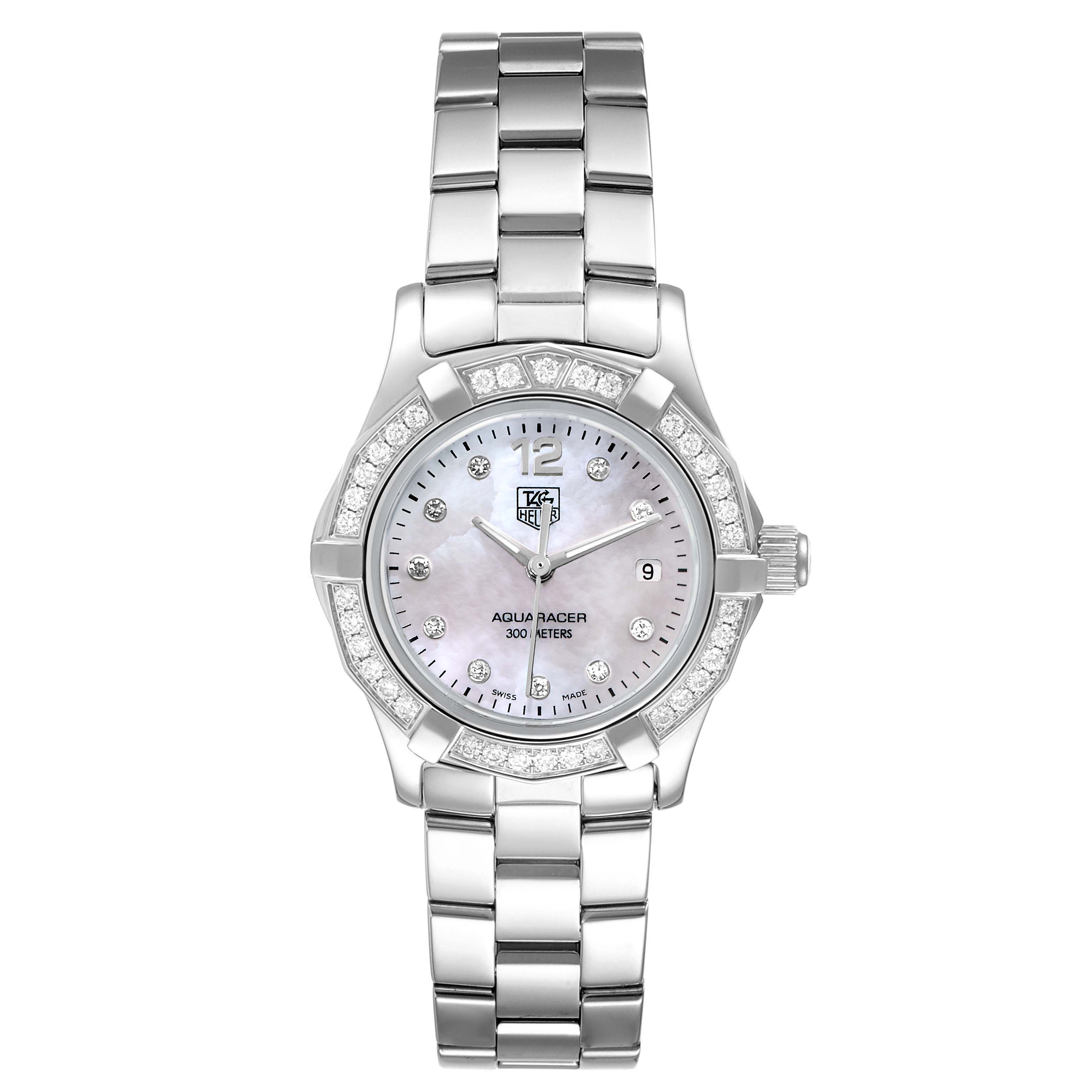 This image shows a Tag Heuer Aquaracer WAF1416.BA0824 Women's Stainless Steel Mother of Pearl Dial WAF1416.BA0824 Women's Stainless Steel Mother of Pearl Dial watch from a top view, highlighting its face, bezel, and bracelet.