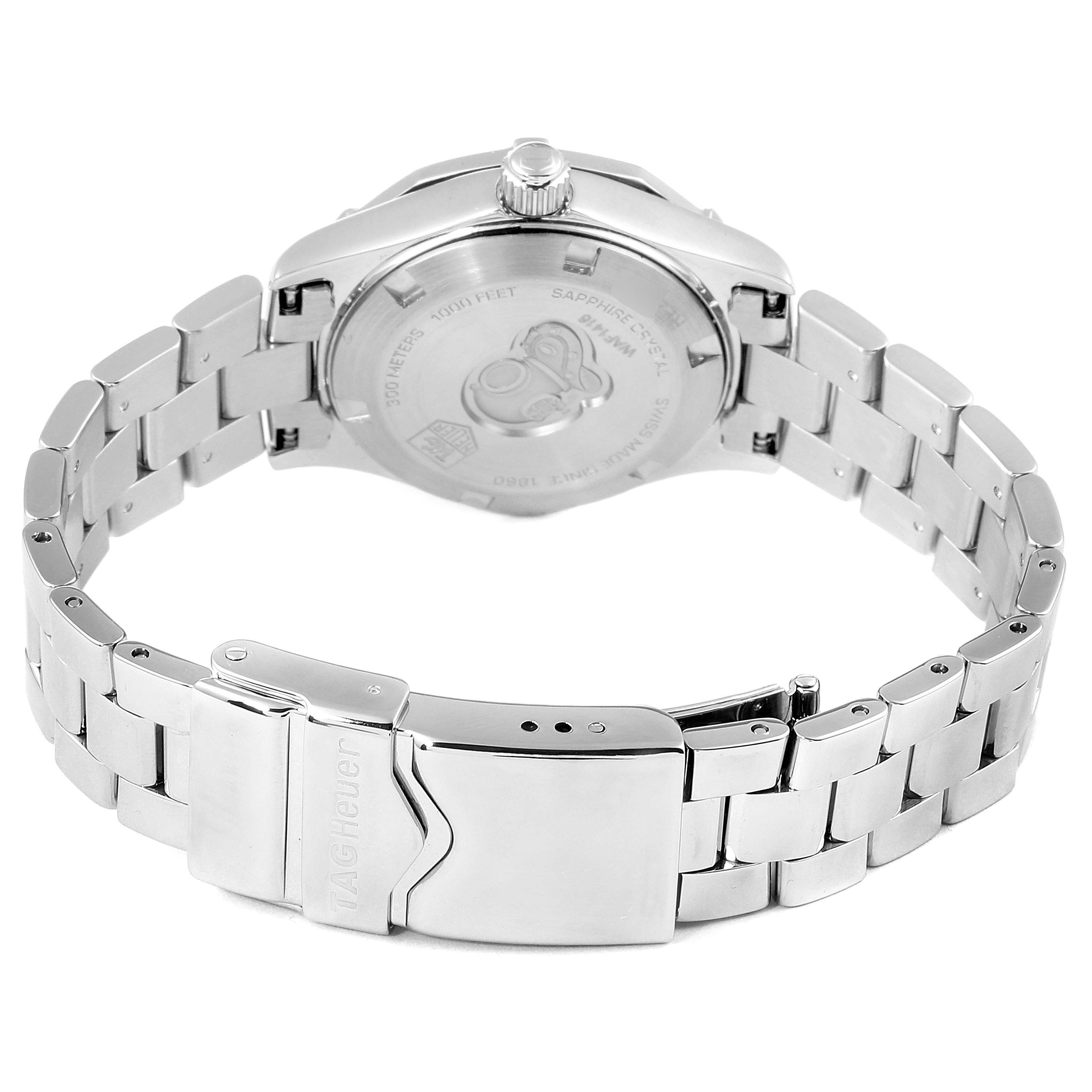 The image shows the back view of a Tag Heuer Aquaracer WAF1416.BA0824 Women's Stainless Steel Mother of Pearl Dial WAF1416.BA0824 Women's Stainless Steel Mother of Pearl Dial watch, highlighting the bracelet and clasp.