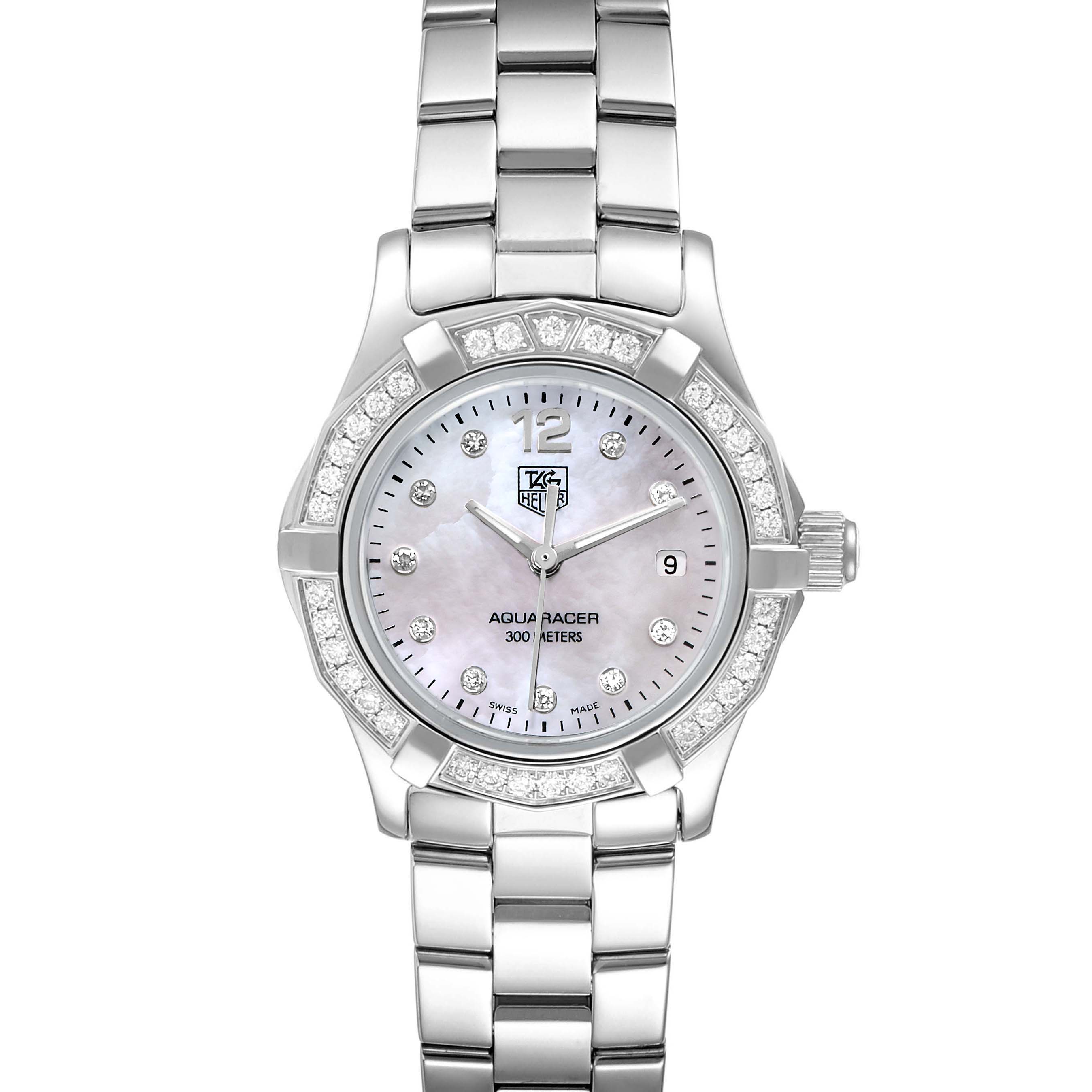 This image shows a front view of a Tag Heuer Aquaracer WAF1416.BA0824 Women's Stainless Steel Mother of Pearl Dial WAF1416.BA0824 Women's Stainless Steel Mother of Pearl Dial watch, highlighting the dial, bezel, and bracelet.