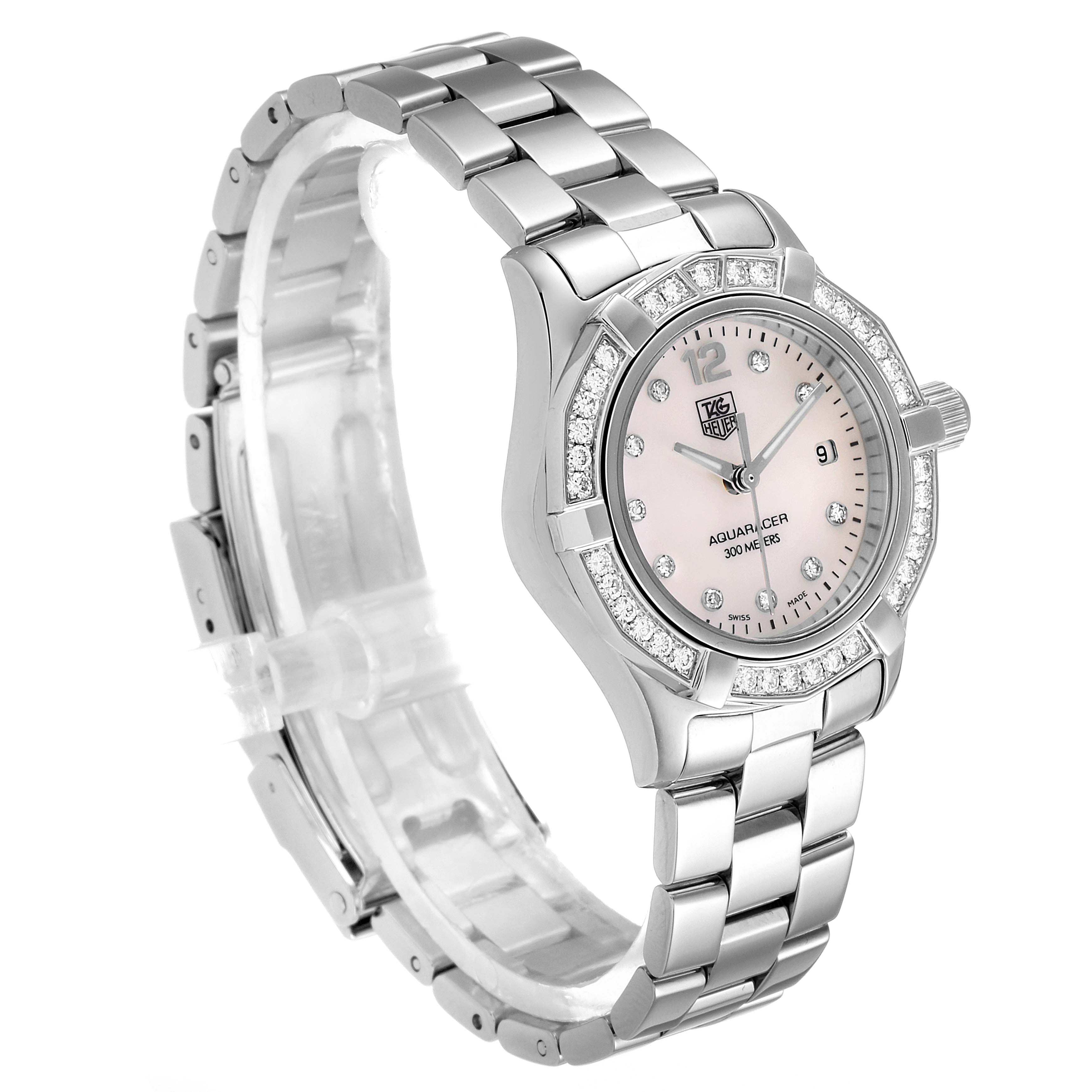 The image shows an angled view of a Tag Heuer Aquaracer WAF1416.BA0824 Women's Stainless Steel Mother of Pearl Dial WAF1416.BA0824 Women's Stainless Steel Mother of Pearl Dial watch, showcasing its dial, bracelet, and bezel.