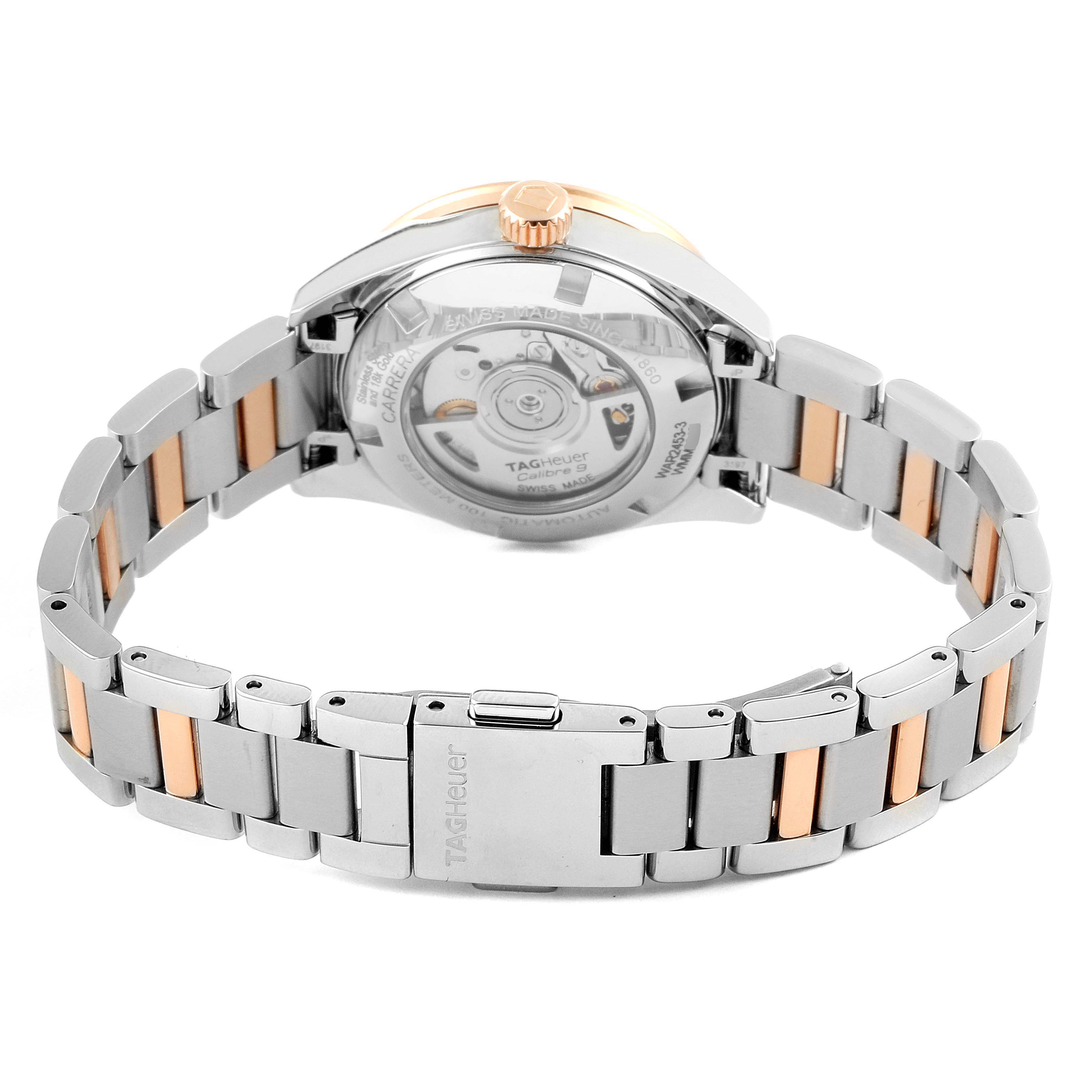 The image shows the back case and bracelet of the Tag Heuer Carrera WAR2453.BD0777 Women's Steel and Gold (two tone) Mother of Pearl Dial WAR2453.BD0777 Women's Steel and Gold (two tone) Mother of Pearl Dial watch, displaying its transparent case back and clasp.