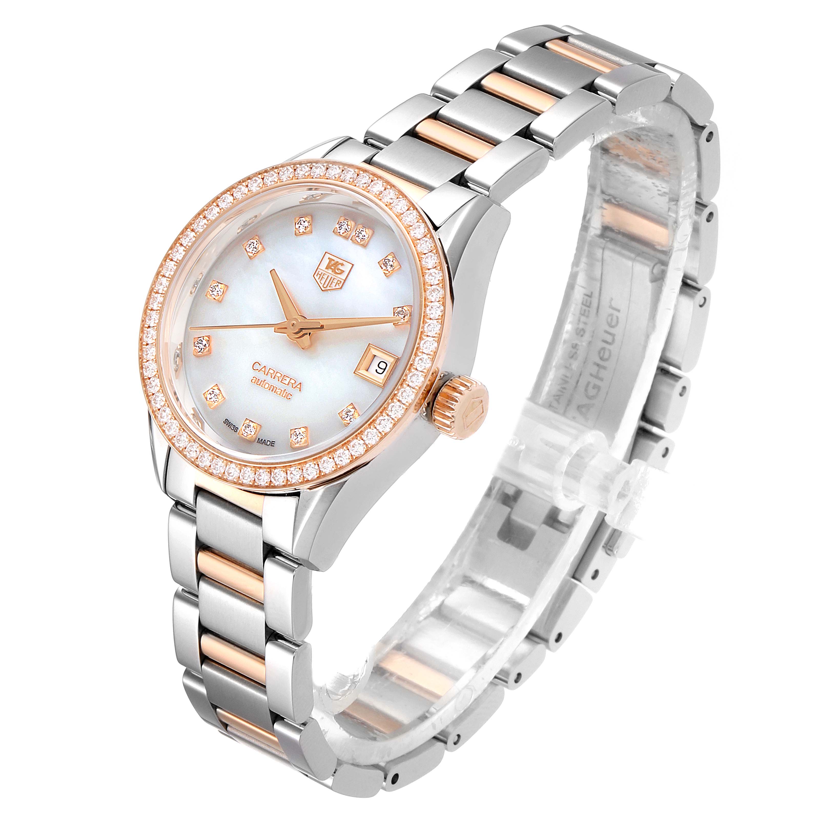 The Tag Heuer Carrera WAR2453.BD0777 Women's Steel and Gold (two tone) Mother of Pearl Dial WAR2453.BD0777 Women's Steel and Gold (two tone) Mother of Pearl Dial model watch is shown at a front-right angle, highlighting the face, bezel, and bracelet.