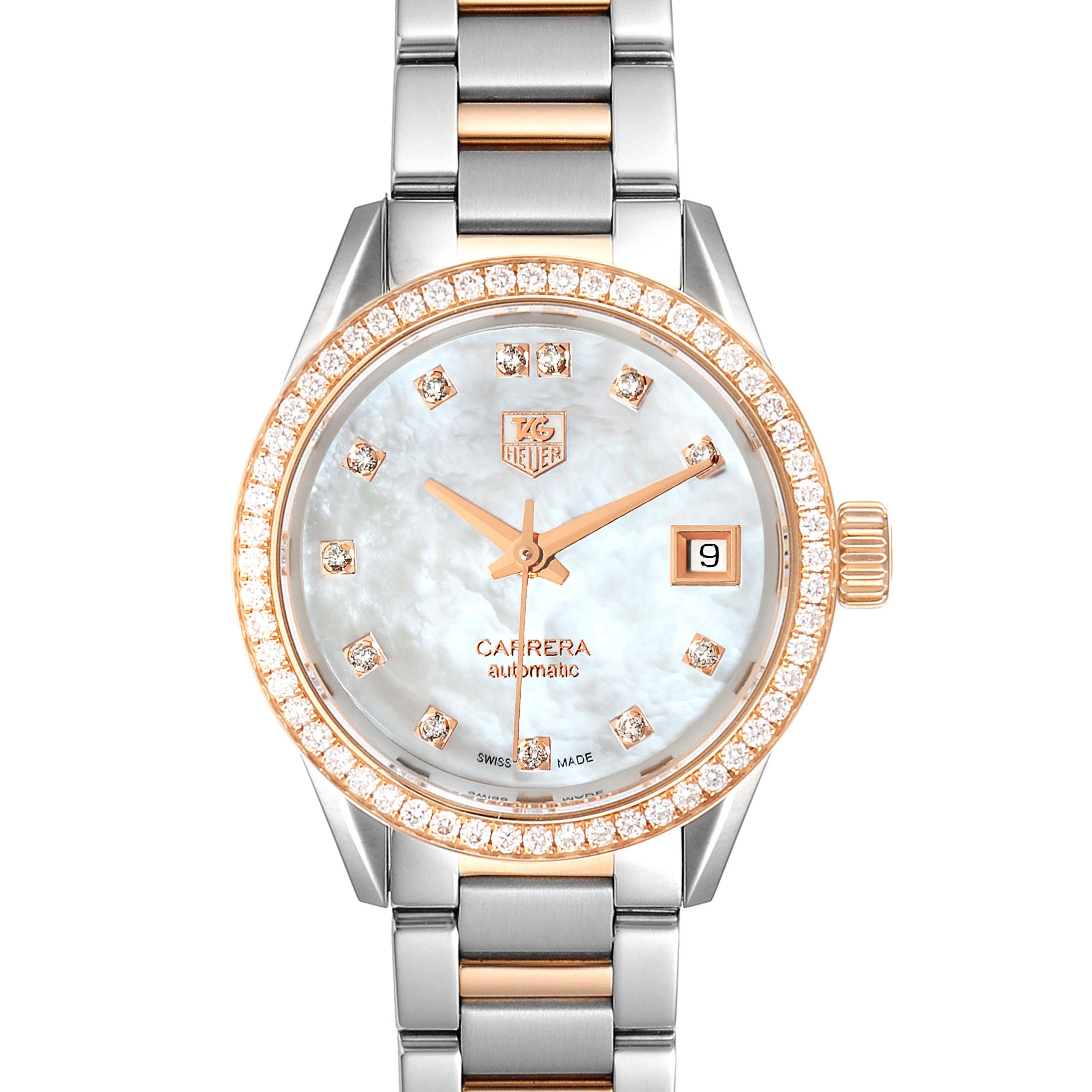 The image shows a frontal view of a Tag Heuer Carrera WAR2453.BD0777 Women's Steel and Gold (two tone) Mother of Pearl Dial WAR2453.BD0777 Women's Steel and Gold (two tone) Mother of Pearl Dial watch, highlighting its face, bezel, date window, and two-tone bracelet.