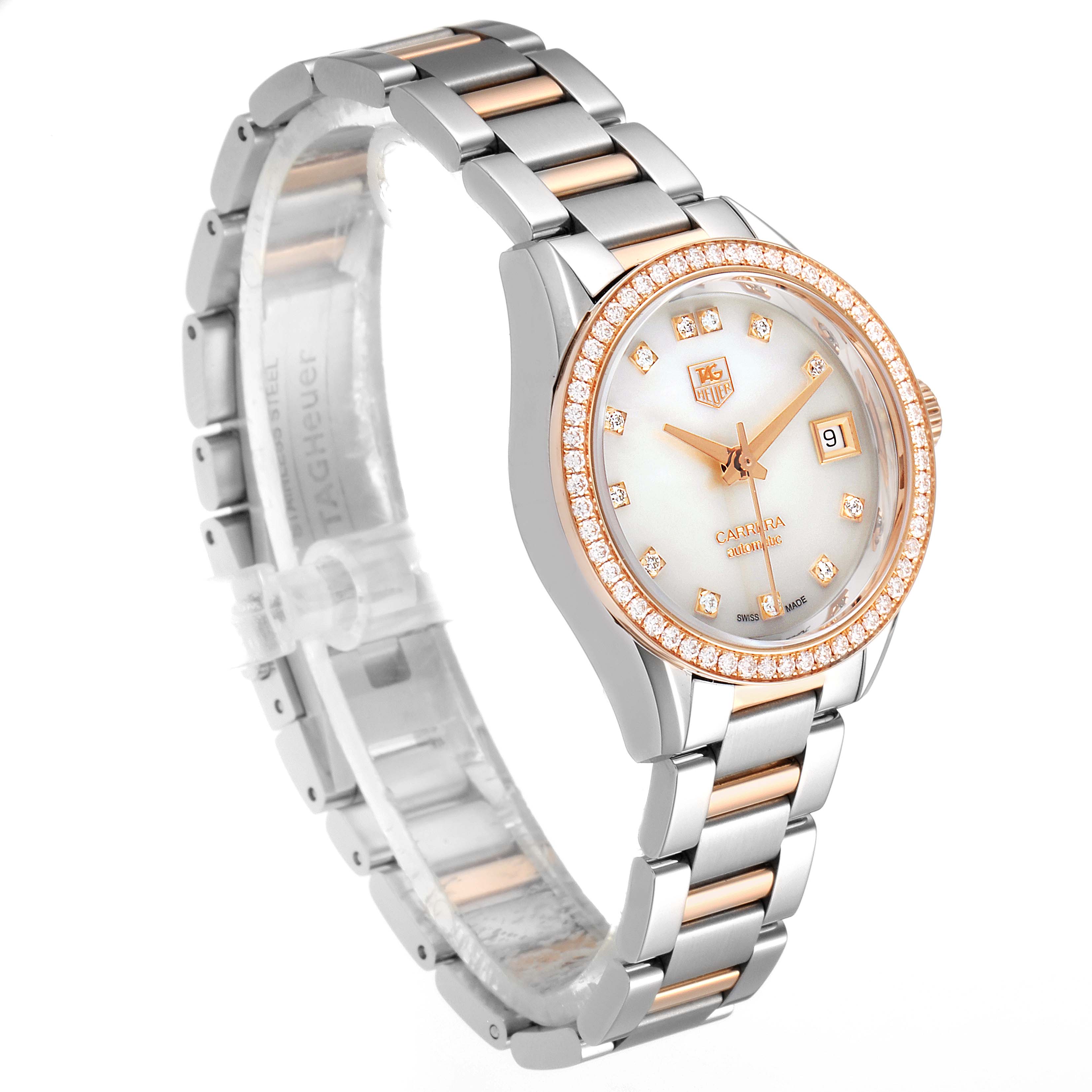 The image shows a Tag Heuer Carrera WAR2453.BD0777 Women's Steel and Gold (two tone) Mother of Pearl Dial WAR2453.BD0777 Women's Steel and Gold (two tone) Mother of Pearl Dial watch at an angle, highlighting its face, bezel, and bracelet.