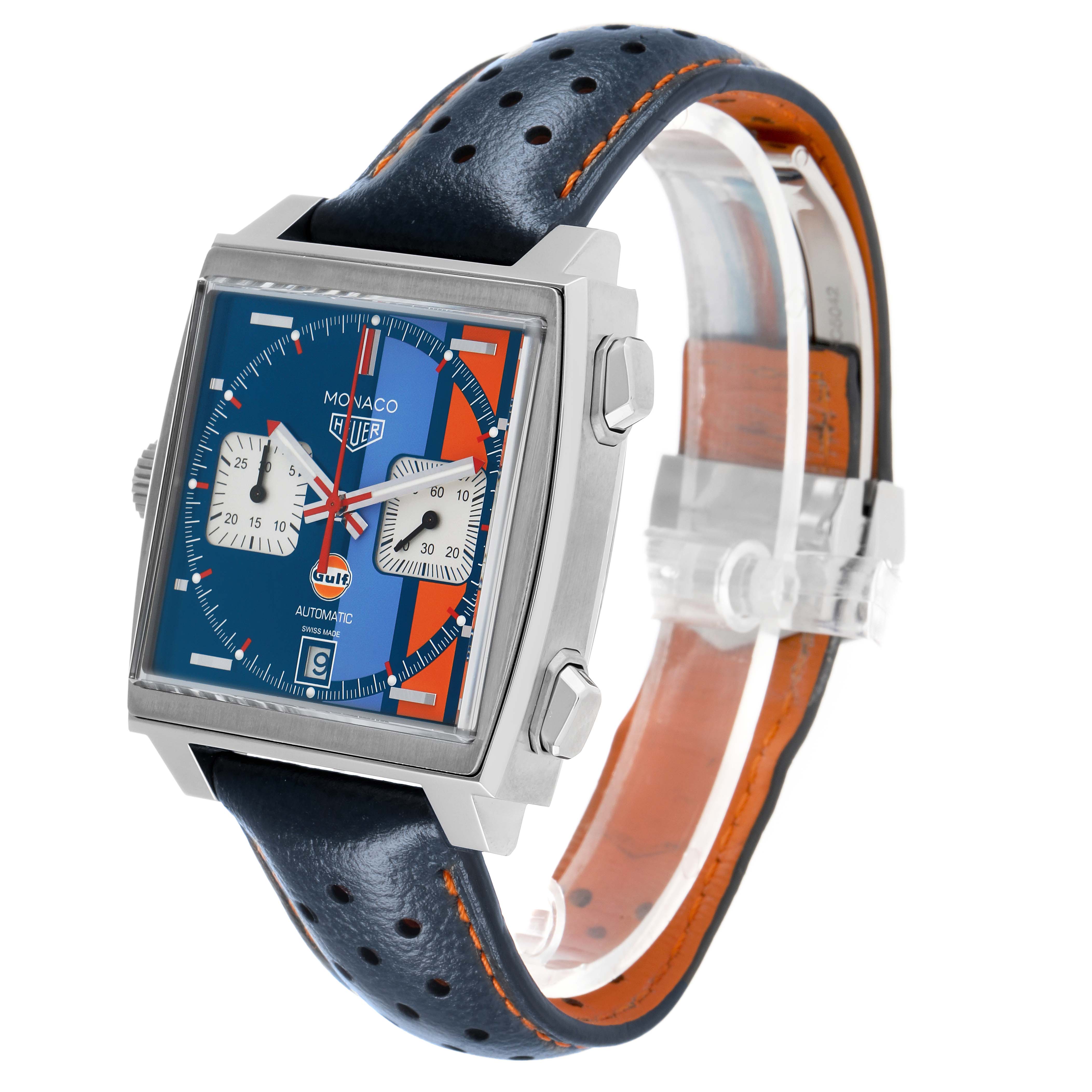 The Tag Heuer Monaco CAW211R Men's Stainless Steel Blue Dial watch is shown at an angle highlighting the face, crown, pushers, and leather strap detail.