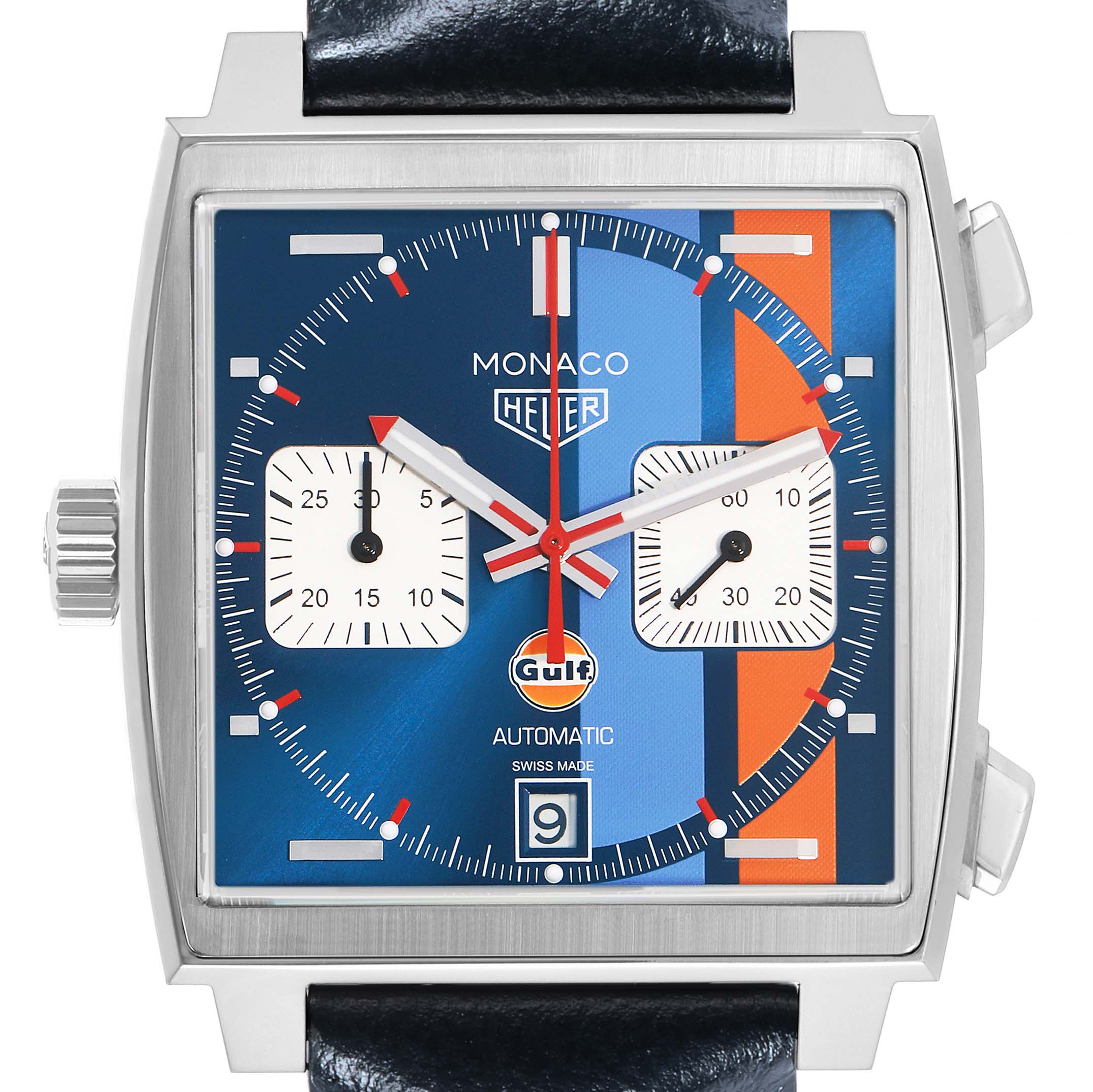 The Tag Heuer Monaco CAW211R Men's Stainless Steel Blue Dial watch is shown from the front, highlighting its square case, blue dial, and sub-dials.