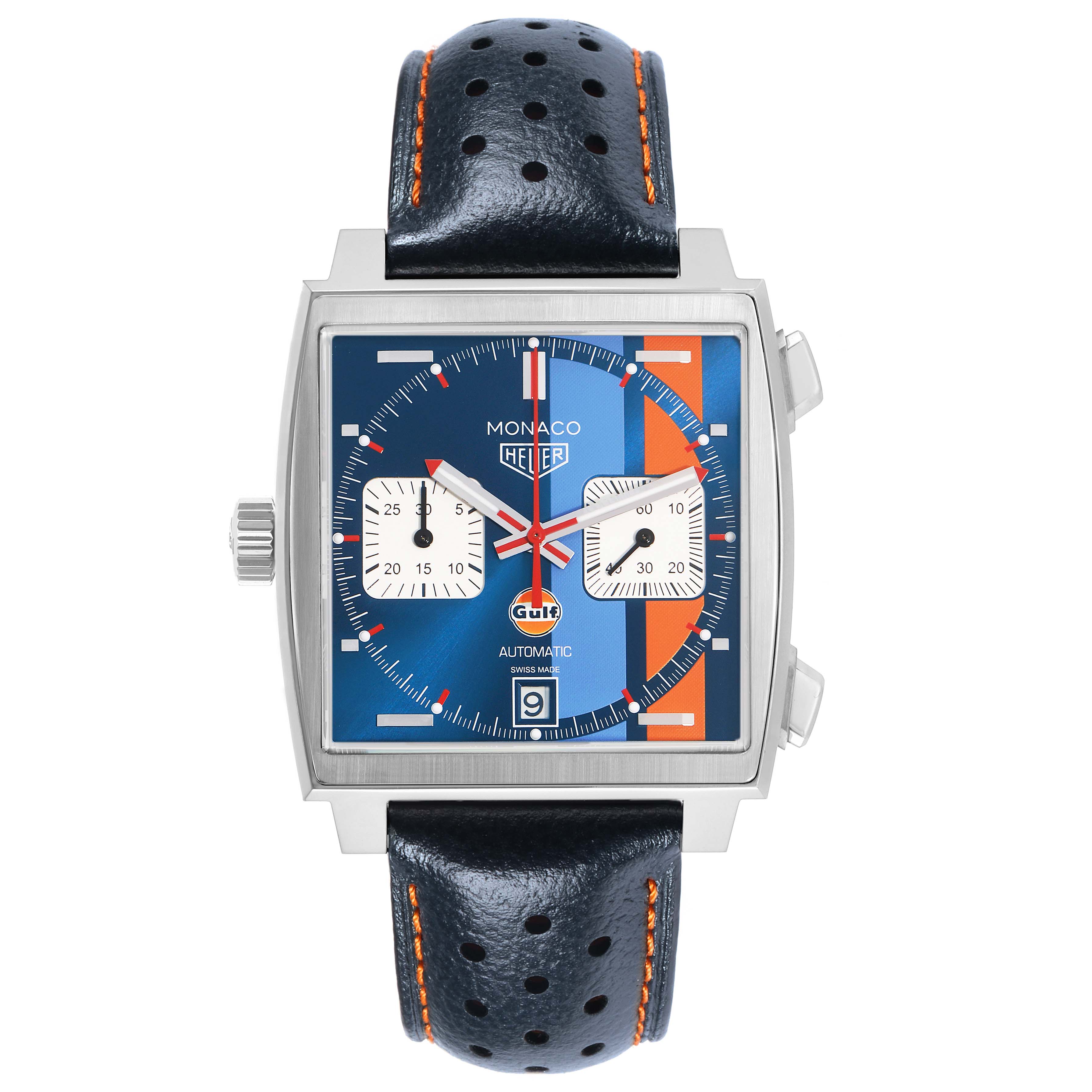 The Tag Heuer Monaco CAW211R Men's Stainless Steel Blue Dial watch is shown from the front, displaying the face, dial, and strap.