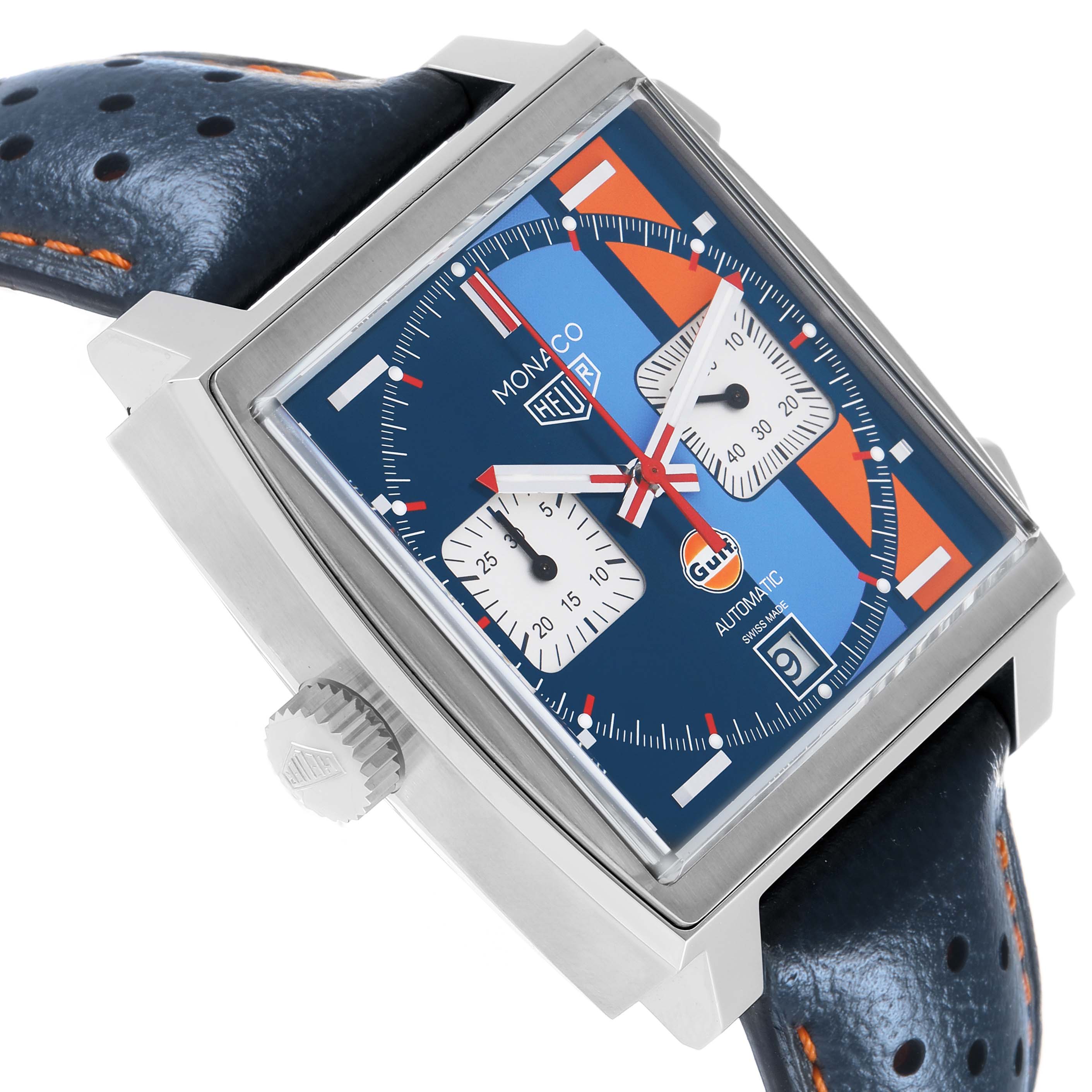 The Tag Heuer Monaco CAW211R Men's Stainless Steel Blue Dial watch is shown at an angle highlighting the square face, crown, and strap.