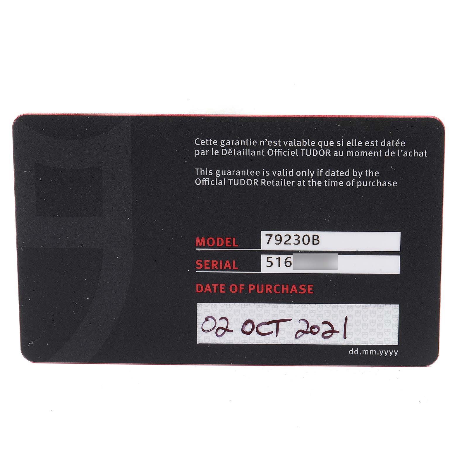 This image shows the warranty card for the Tudor Heritage Black Bay 79230B Men
s Stainless Steel Black Dial 79230B Men
s Stainless Steel Black Dial model 79230B, purchased on 02 OCT 2021.