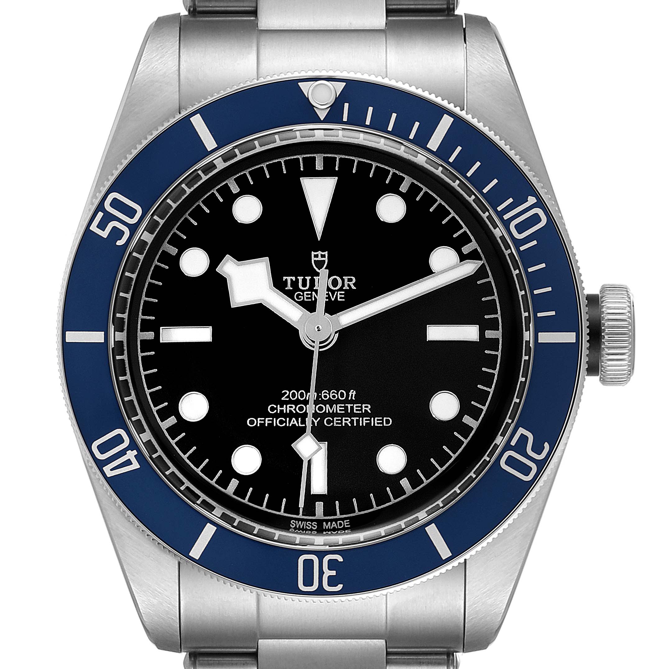 This image shows a front view of the Heritage Black Bay model by Tudor, displaying the watch face, bezel, and part of the bracelet.