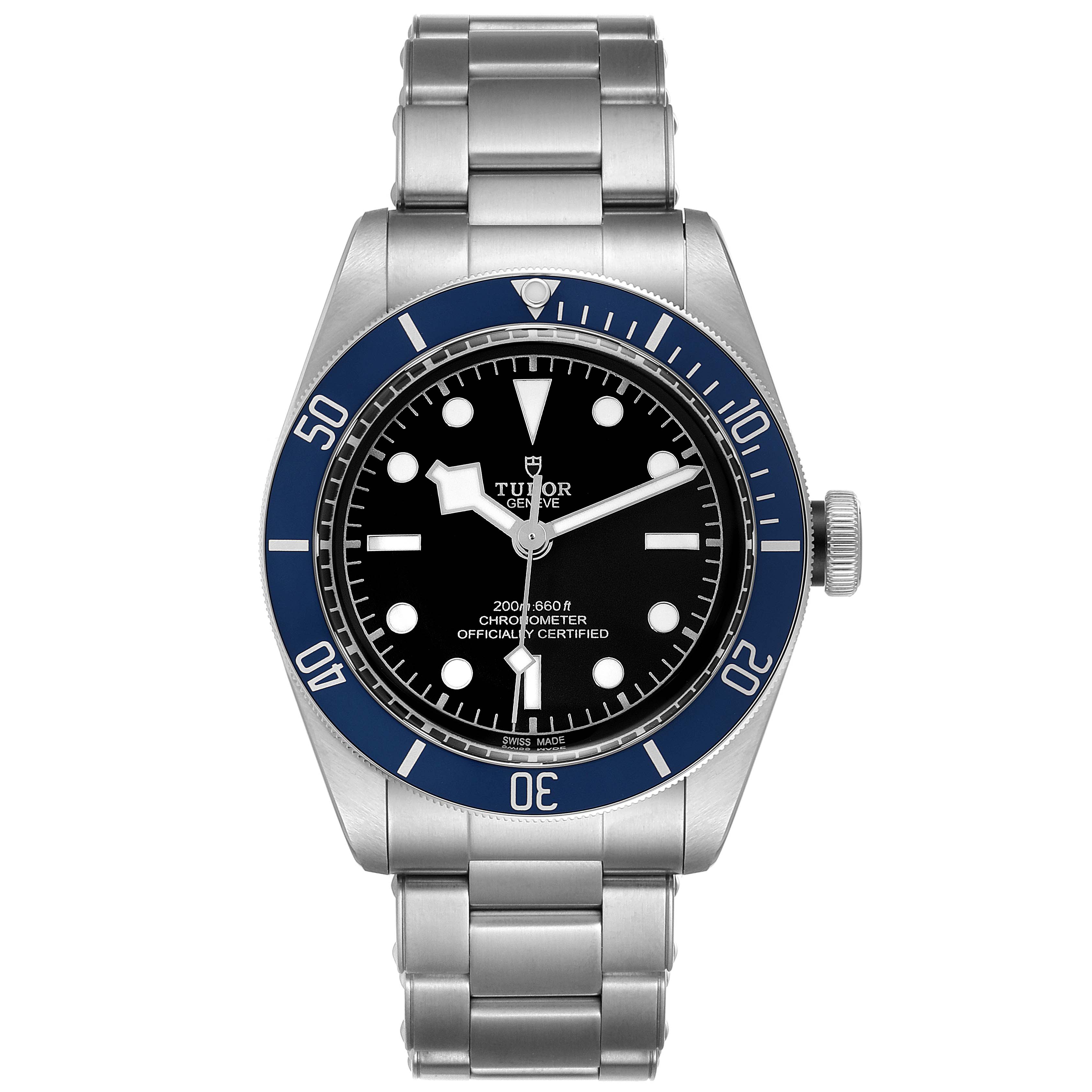 The image shows a front view of a Tudor Heritage Black Bay 79230B Men
s Stainless Steel Black Dial 79230B Men
s Stainless Steel Black Dial watch, including the dial, bezel, and bracelet.