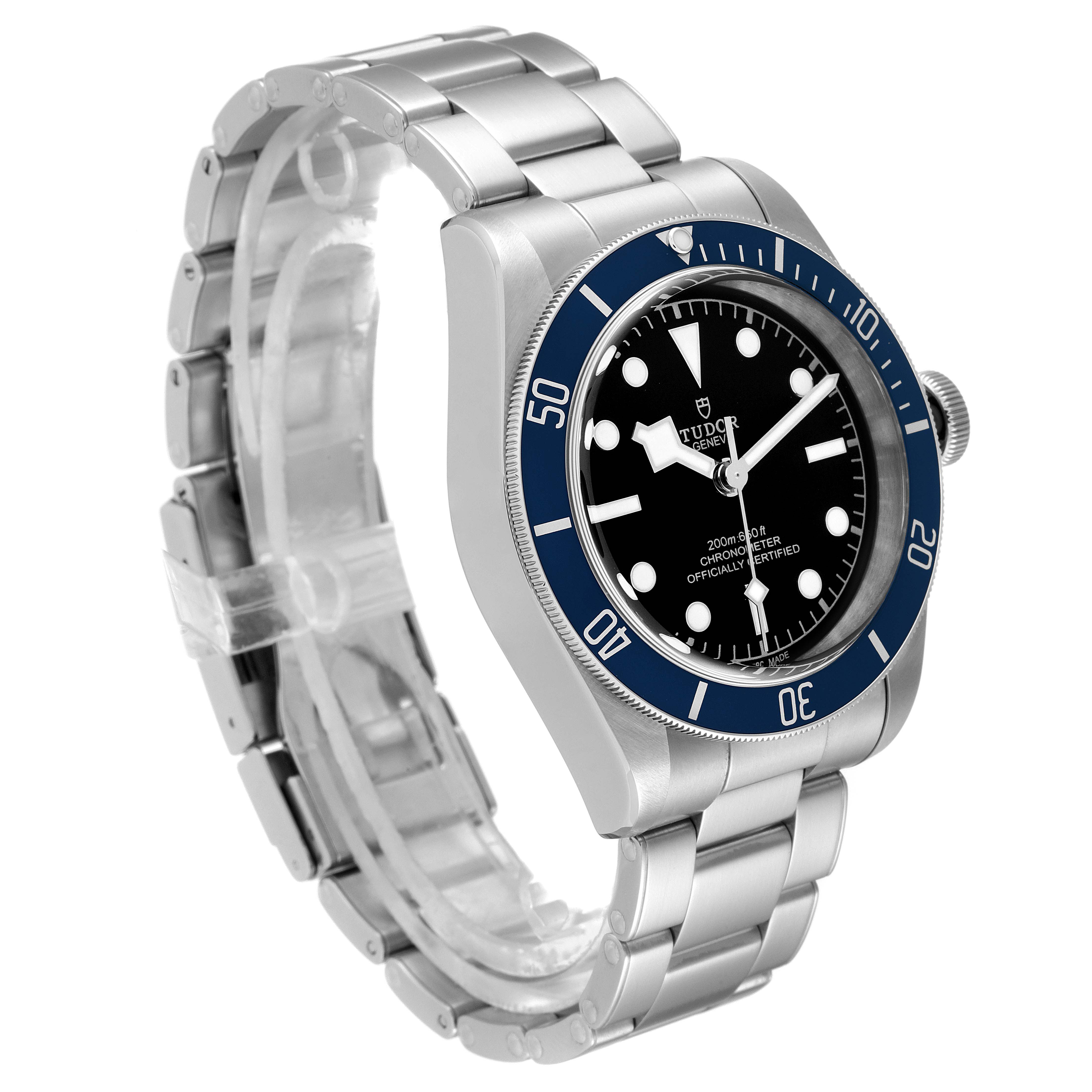 This image shows a side-angle view of the Tudor Heritage Black Bay 79230B Men
s Stainless Steel Black Dial 79230B Men
s Stainless Steel Black Dial watch, highlighting its blue bezel and stainless steel bracelet.