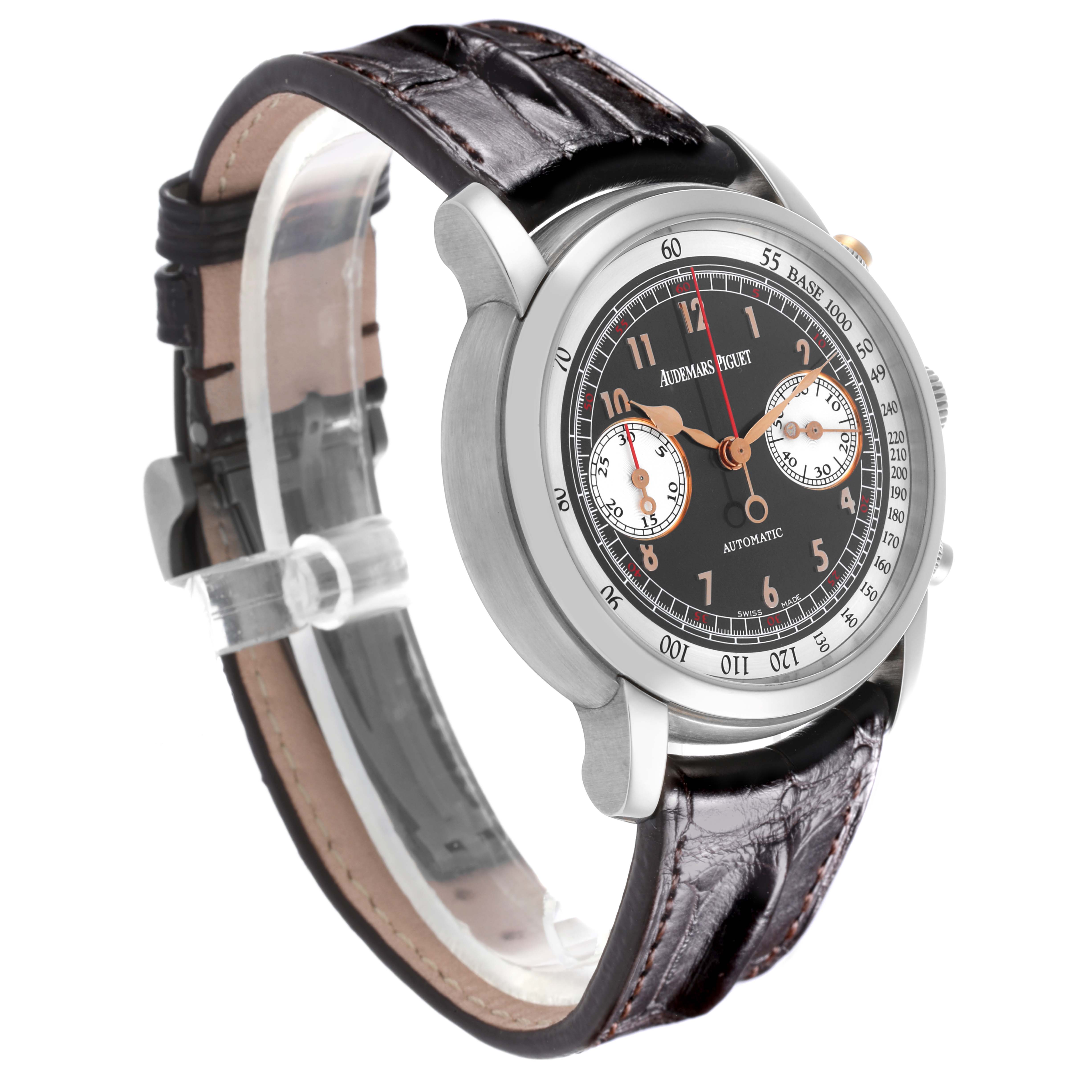 The image shows the Audemars Piguet Jules 26558TI.OO.D080VE.01 Men
s Titanium Grey Dial 26558TI.OO.D080VE.01 Men
s Titanium Grey Dial model at a three-quarter angle, highlighting the dial, case, and leather strap.