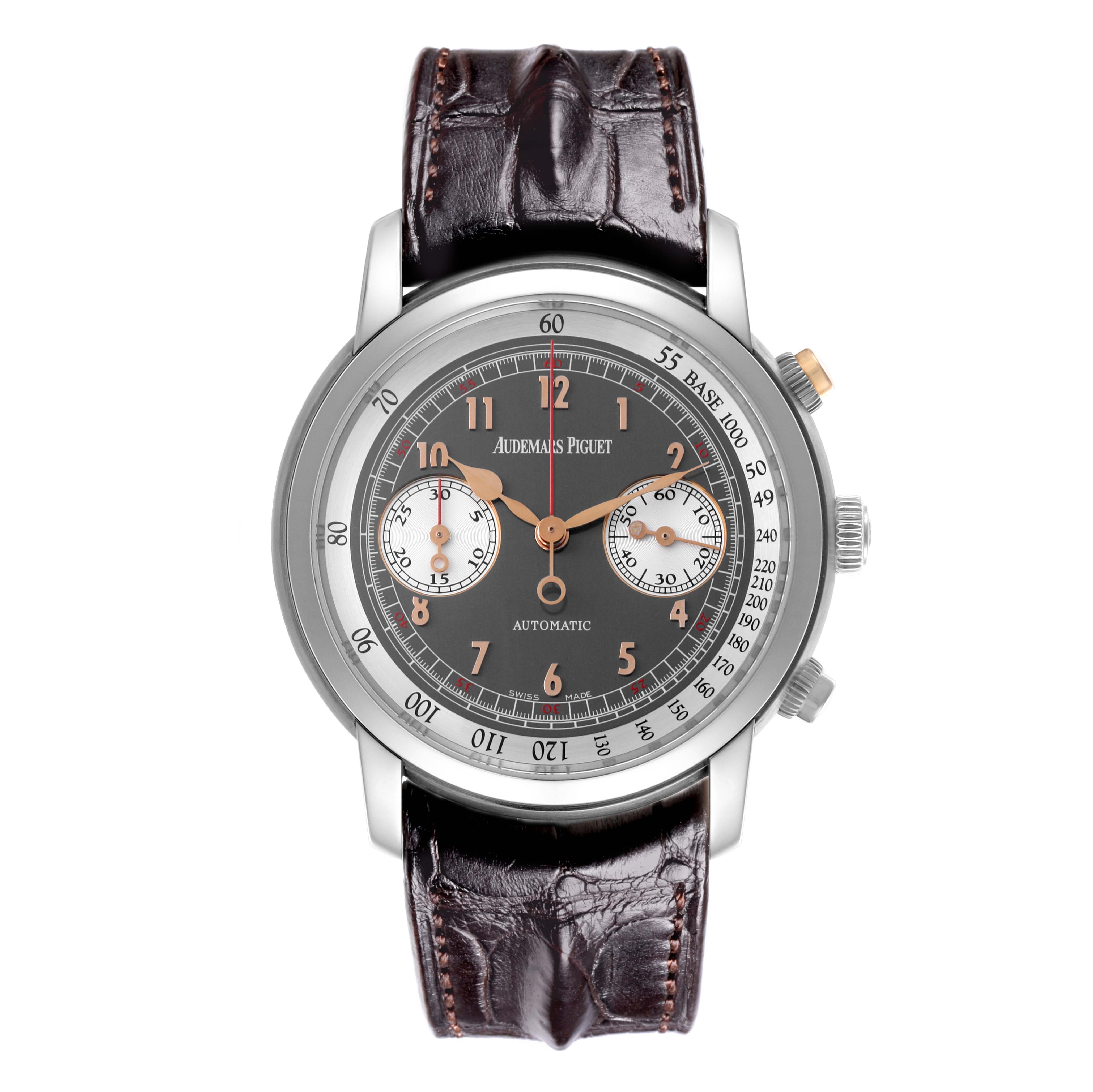 The Audemars Piguet Jules 26558TI.OO.D080VE.01 Men
s Titanium Grey Dial 26558TI.OO.D080VE.01 Men
s Titanium Grey Dial watch is shown from the front, displaying its dial, case, and leather strap.