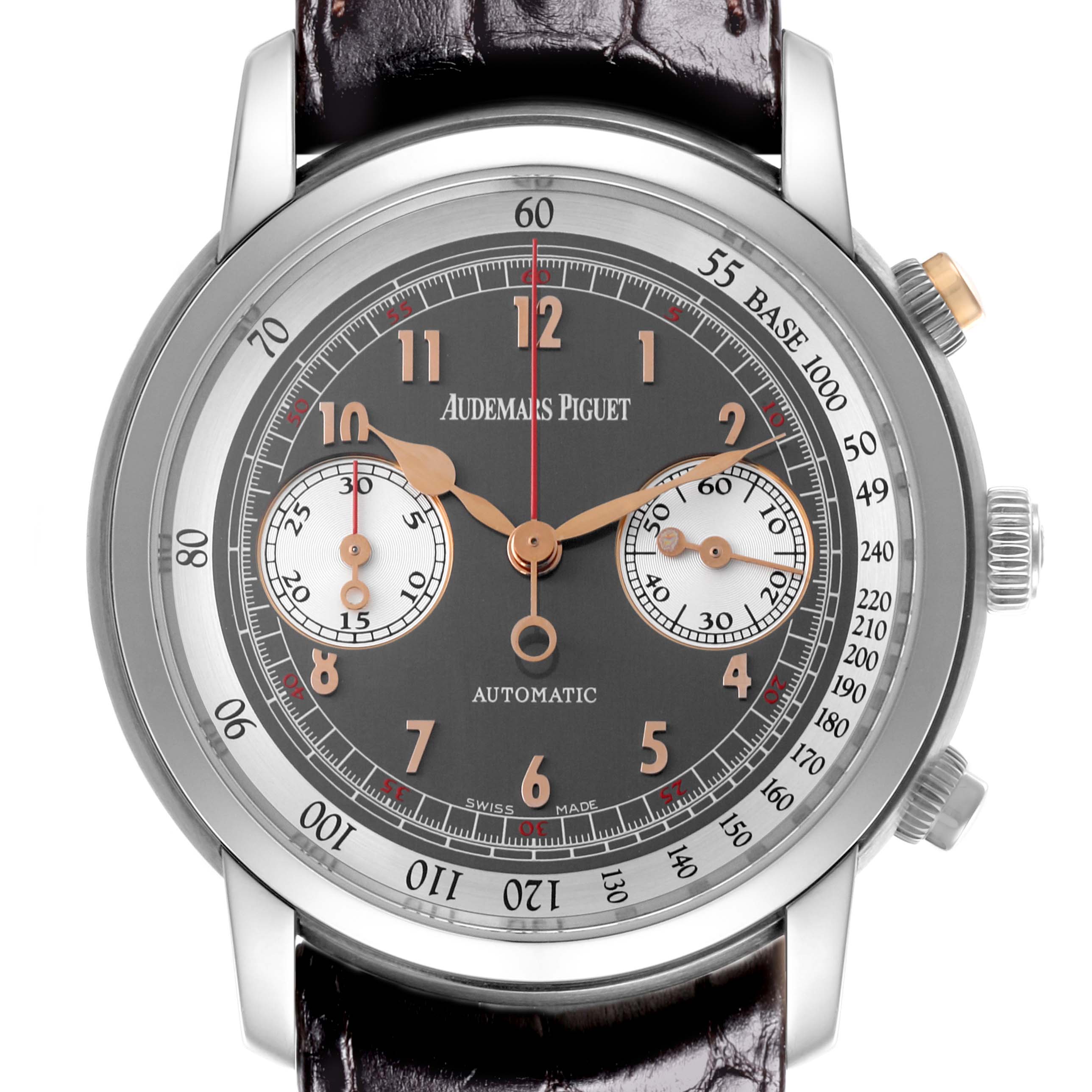 The Audemars Piguet Jules 26558TI.OO.D080VE.01 Men
s Titanium Grey Dial 26558TI.OO.D080VE.01 Men
s Titanium Grey Dial watch is shown from a front angle, displaying its dial, numerals, and chronograph subdials.