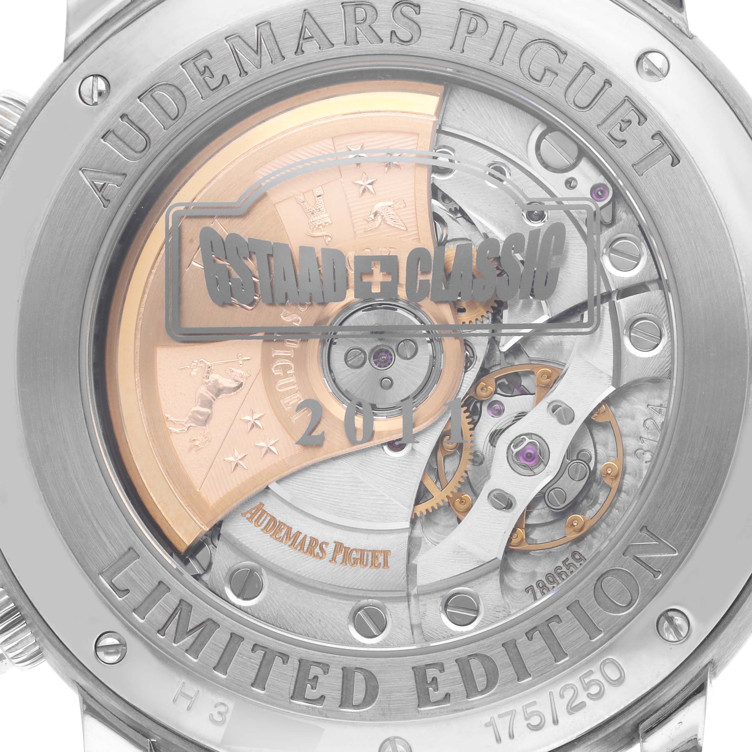 The image shows the case back of an Audemars Piguet Jules 26558TI.OO.D080VE.01 Men
s Titanium Grey Dial 26558TI.OO.D080VE.01 Men
s Titanium Grey Dial model, highlighting its movement and "Limited Edition" engraving.