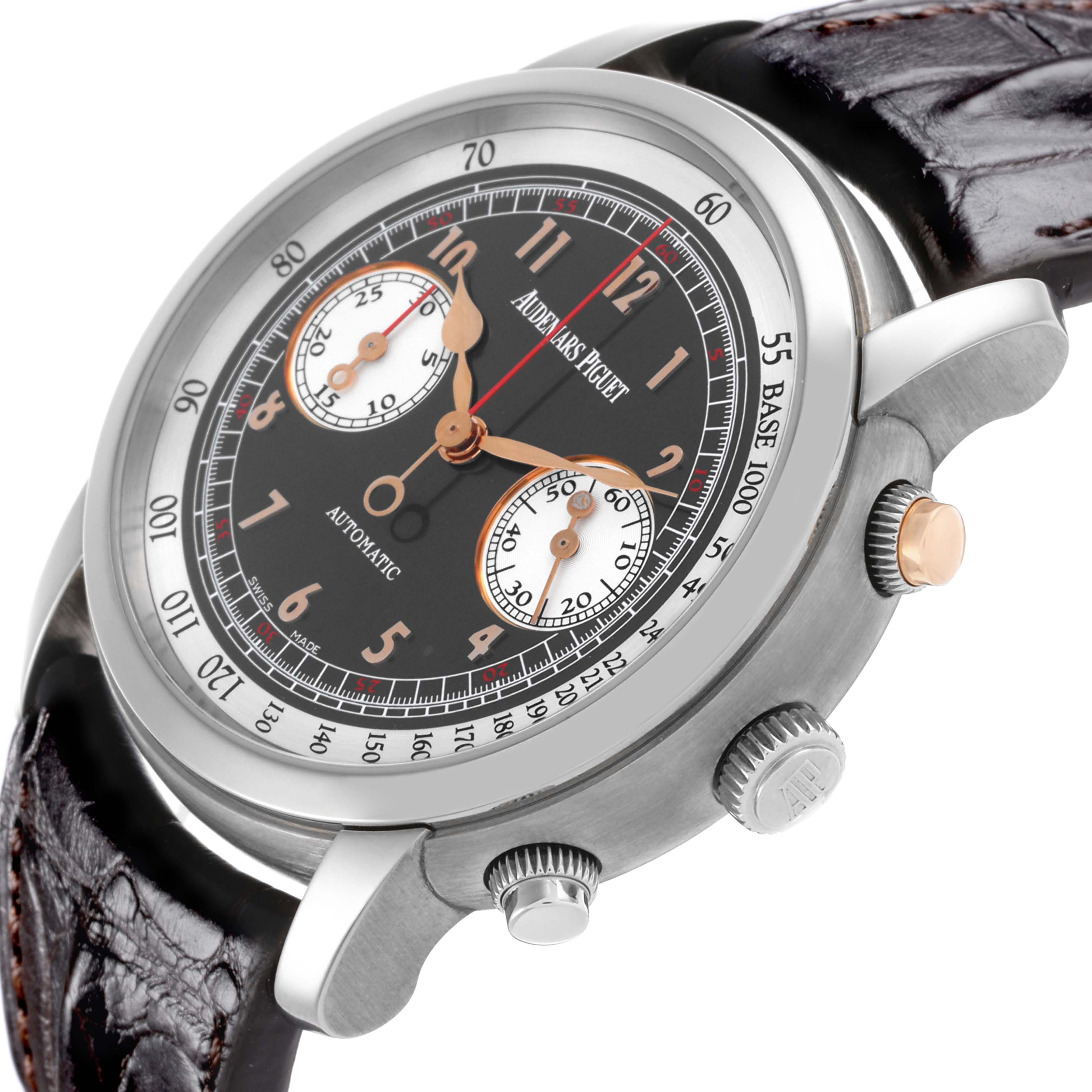 The Audemars Piguet Jules 26558TI.OO.D080VE.01 Men
s Titanium Grey Dial 26558TI.OO.D080VE.01 Men
s Titanium Grey Dial watch is shown at an angled side view, highlighting the dial, crown, and pushers.