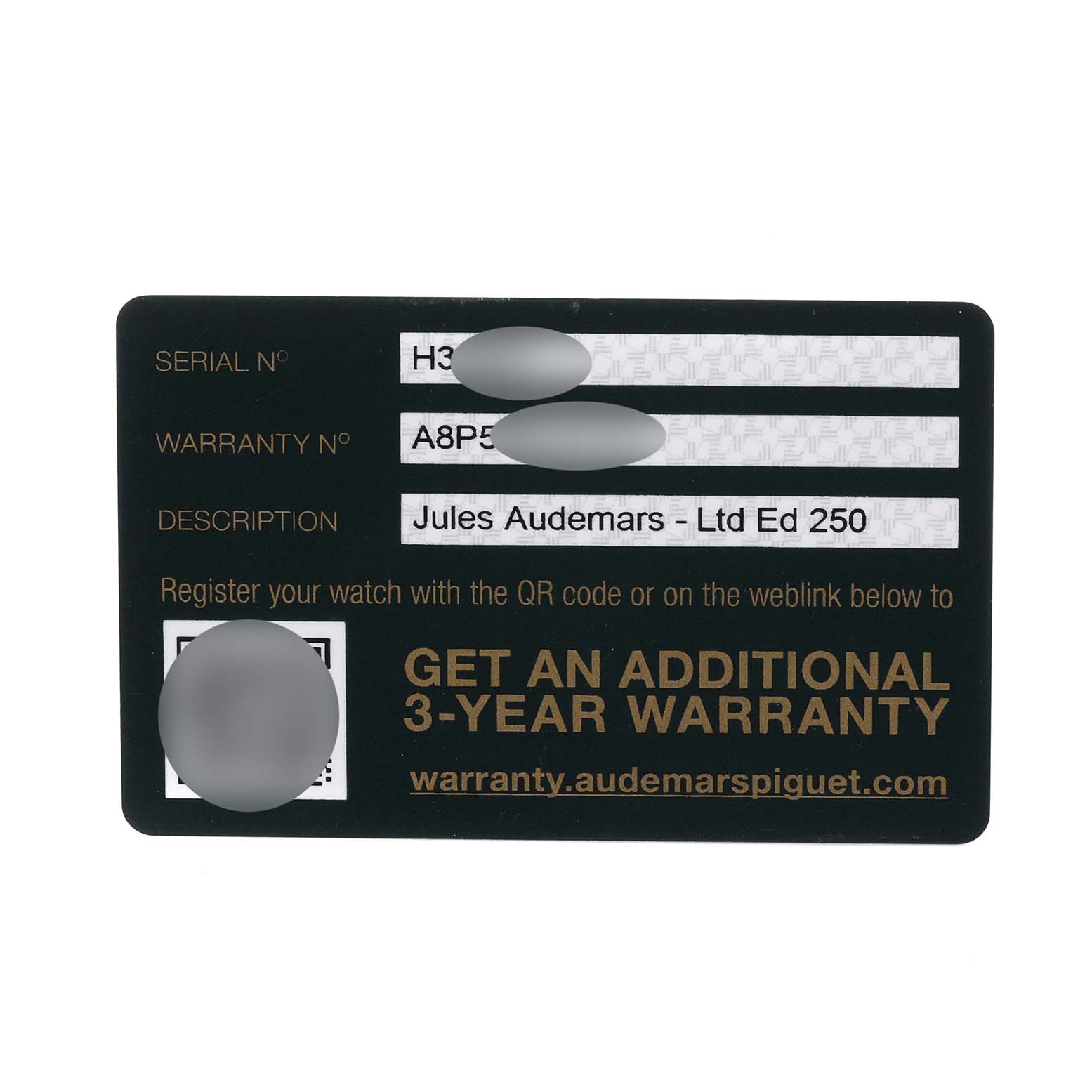 This image shows a warranty card for the Audemars Piguet Jules 26558TI.OO.D080VE.01 Men
s Titanium Grey Dial 26558TI.OO.D080VE.01 Men
s Titanium Grey Dial model watch.