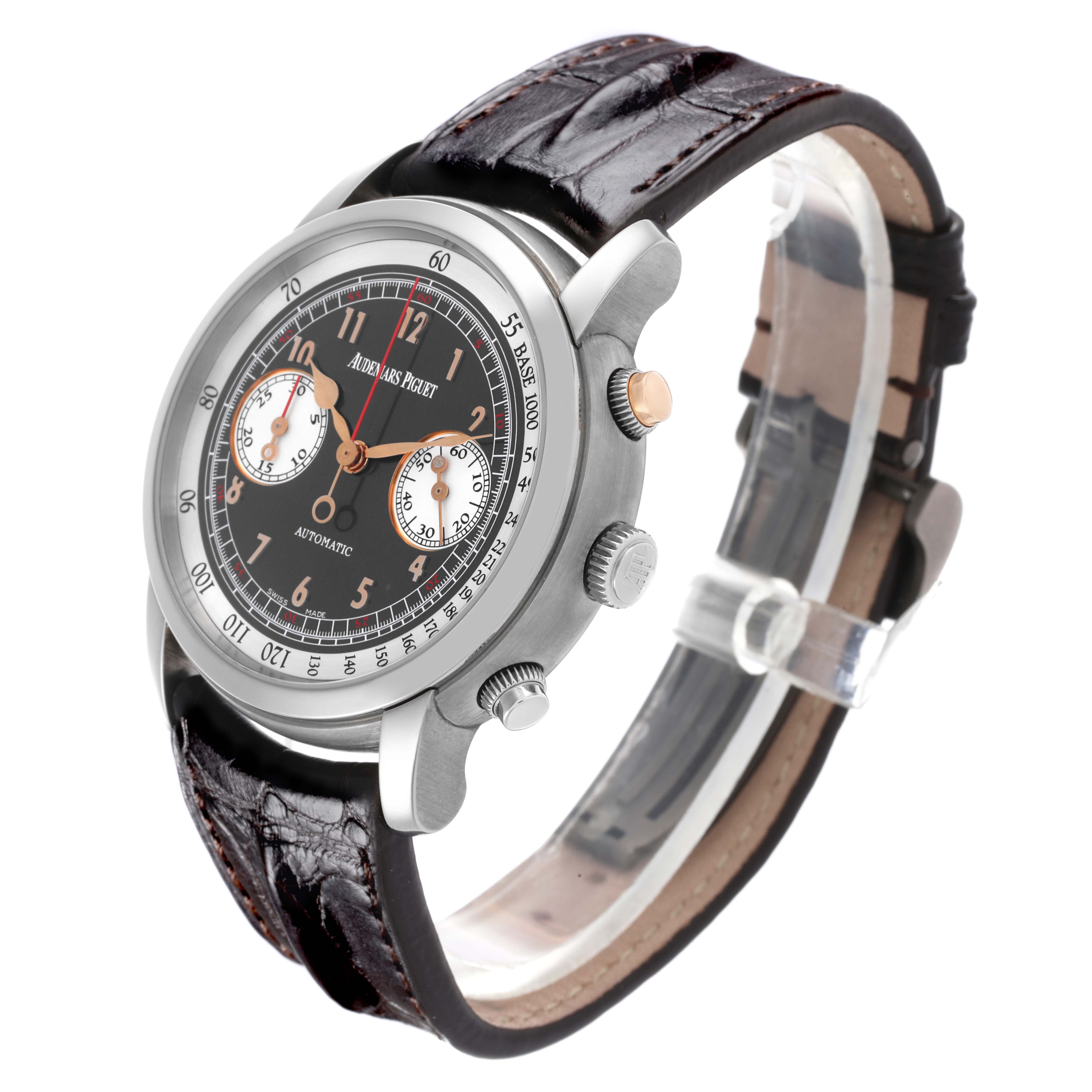 The Jules model by Audemars Piguet is shown at an angle highlighting the watch face, leather strap, and side buttons.