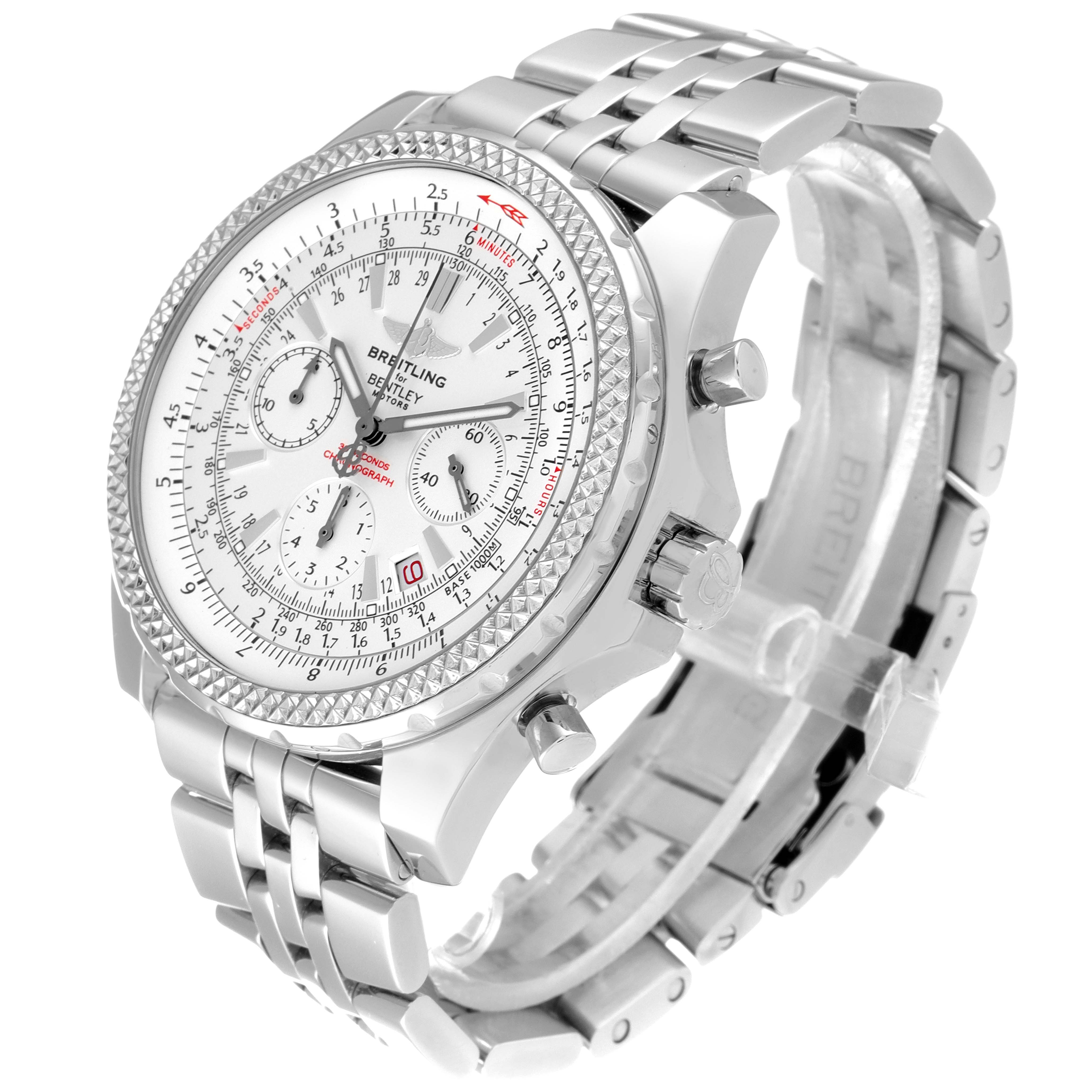 The Breitling Bentley A25362 Men's Stainless Steel Silver Dial A25362 Men's Stainless Steel Silver Dial watch is shown at a slight side angle, highlighting its face, bezel, and metal bracelet.