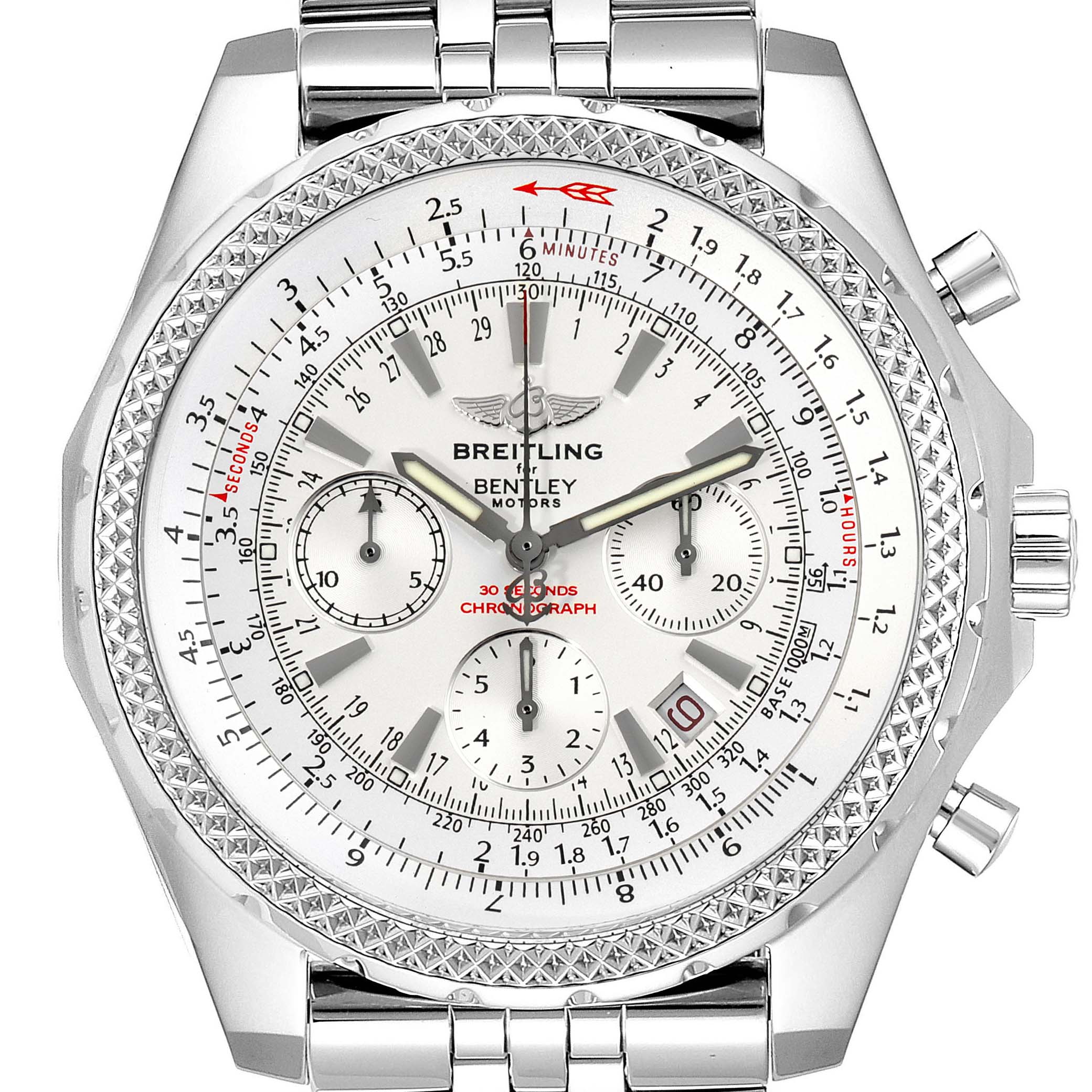 This image shows a front view of the Breitling Bentley A25362 Men's Stainless Steel Silver Dial A25362 Men's Stainless Steel Silver Dial watch, displaying its dial, bezel, and bracelet.