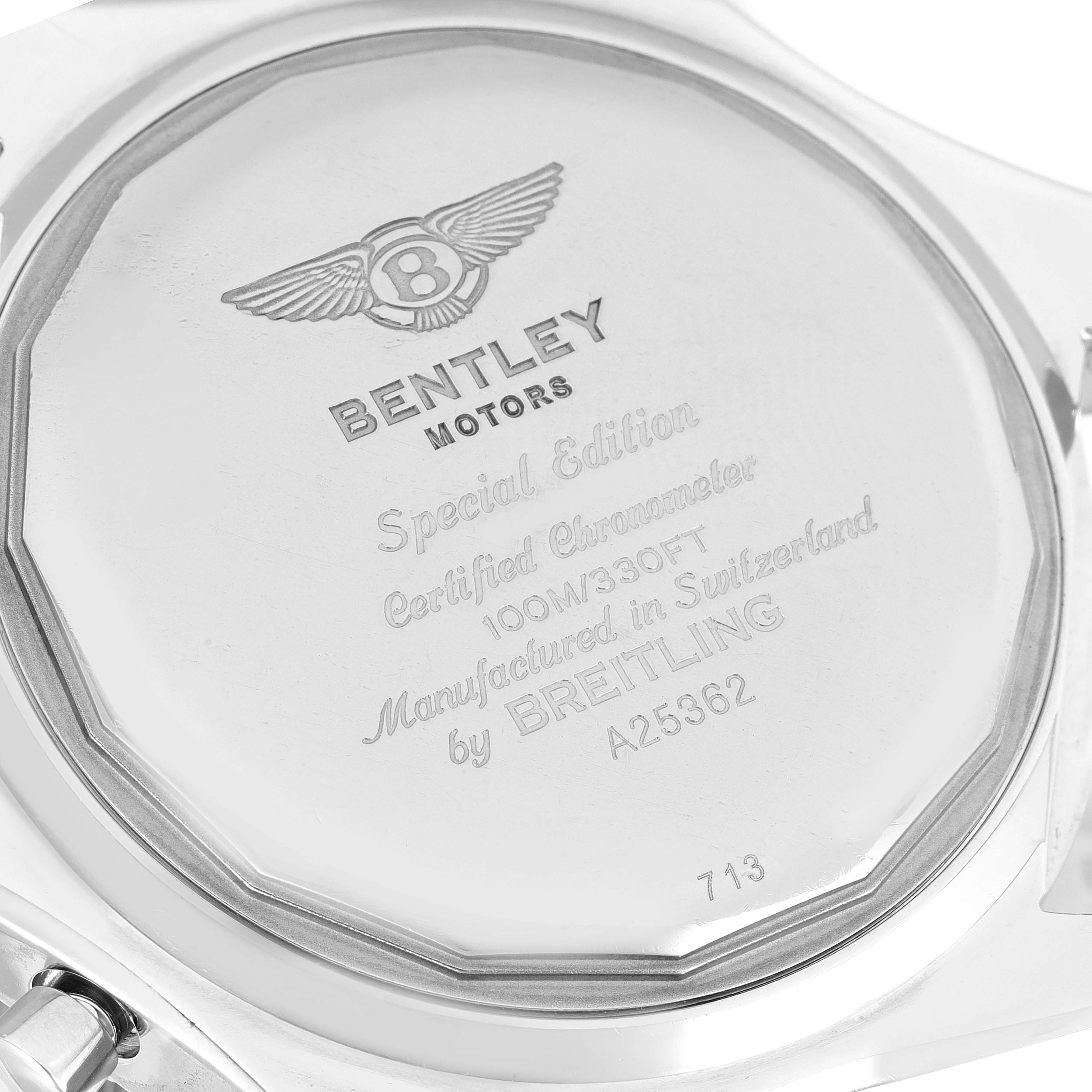 The image shows the back case of a Bentley model watch by Breitling from a top-down angle.