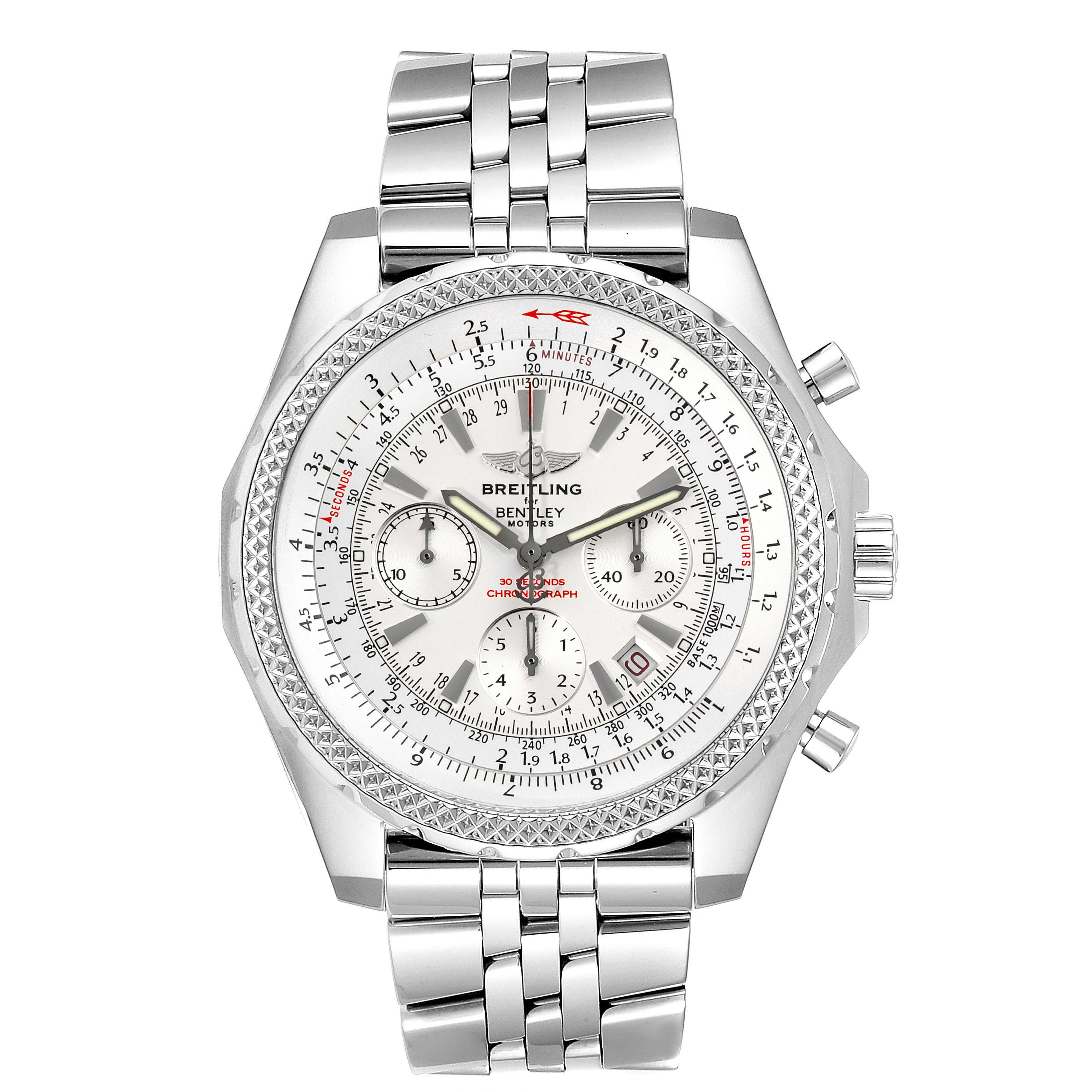 This image shows a front view of a Breitling Bentley A25362 Men's Stainless Steel Silver Dial A25362 Men's Stainless Steel Silver Dial watch, highlighting its stainless steel case, dial, and bracelet.