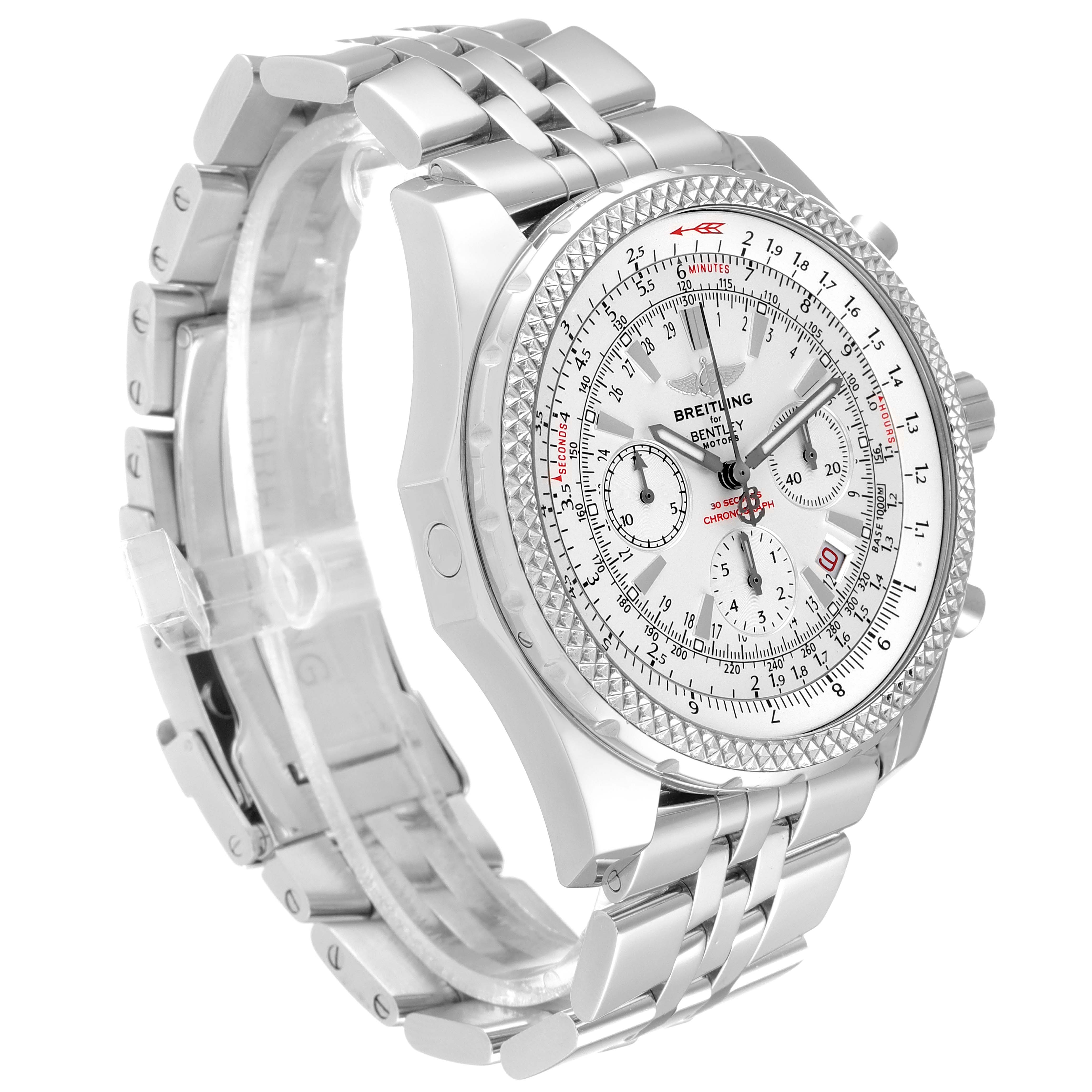 The Breitling Bentley A25362 Men's Stainless Steel Silver Dial A25362 Men's Stainless Steel Silver Dial watch is shown at a 3/4 angle, displaying the face, bezel, and partial bracelet.