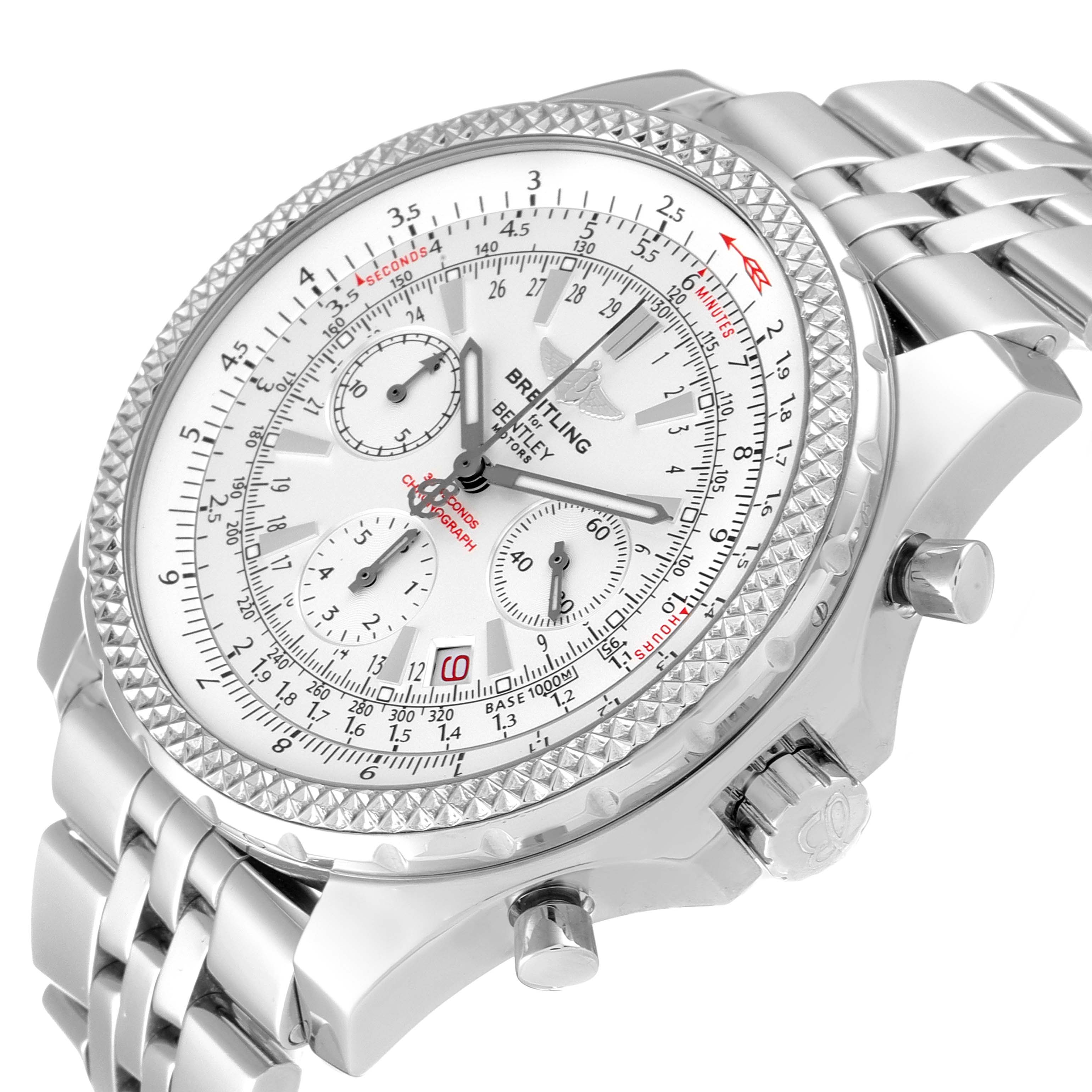 The image shows a Breitling Bentley A25362 Men's Stainless Steel Silver Dial A25362 Men's Stainless Steel Silver Dial watch at an angle highlighting the face, bezel, chronograph dials, and part of the bracelet.