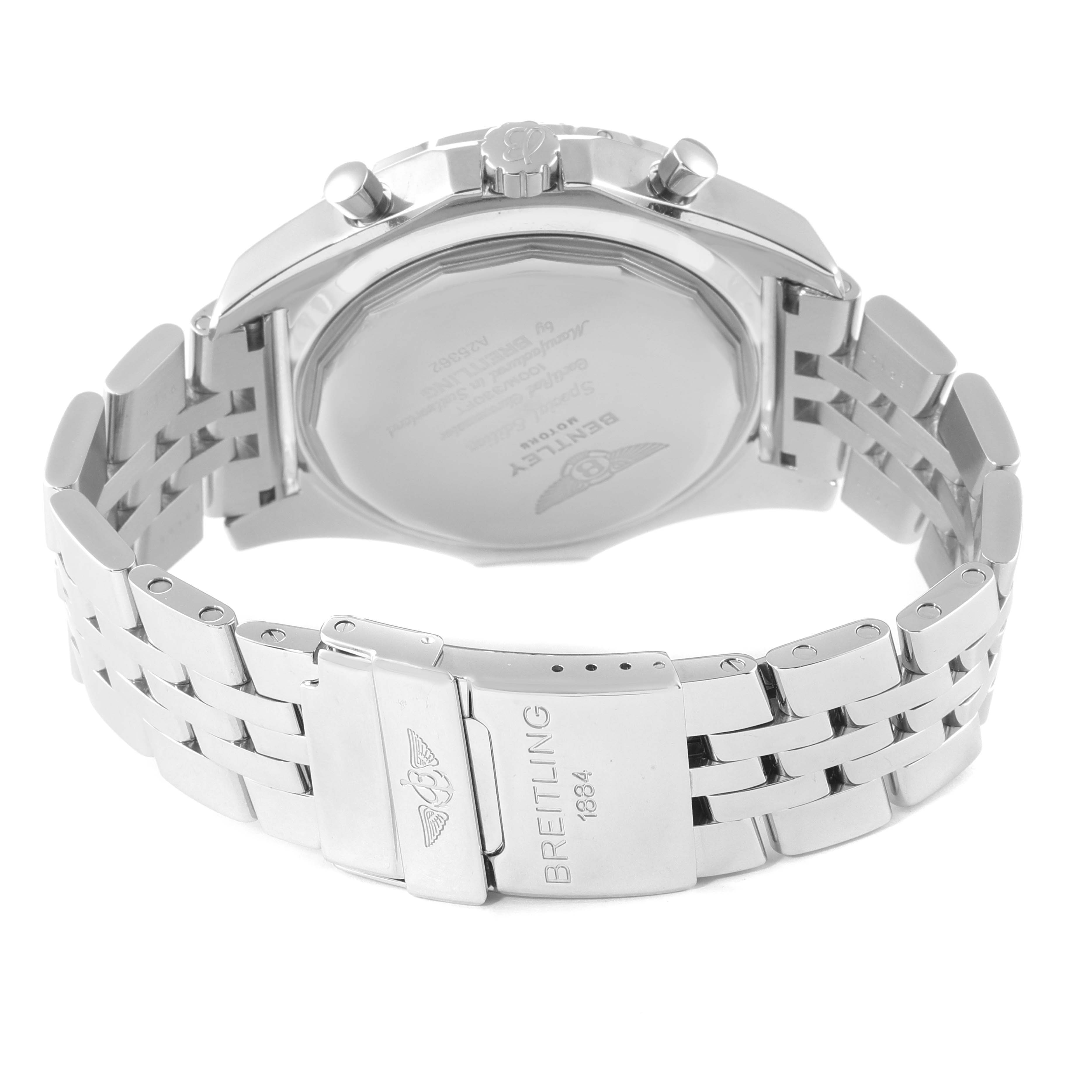 The image shows the back and bracelet of the Bentley model watch by Breitling from a rear angle.