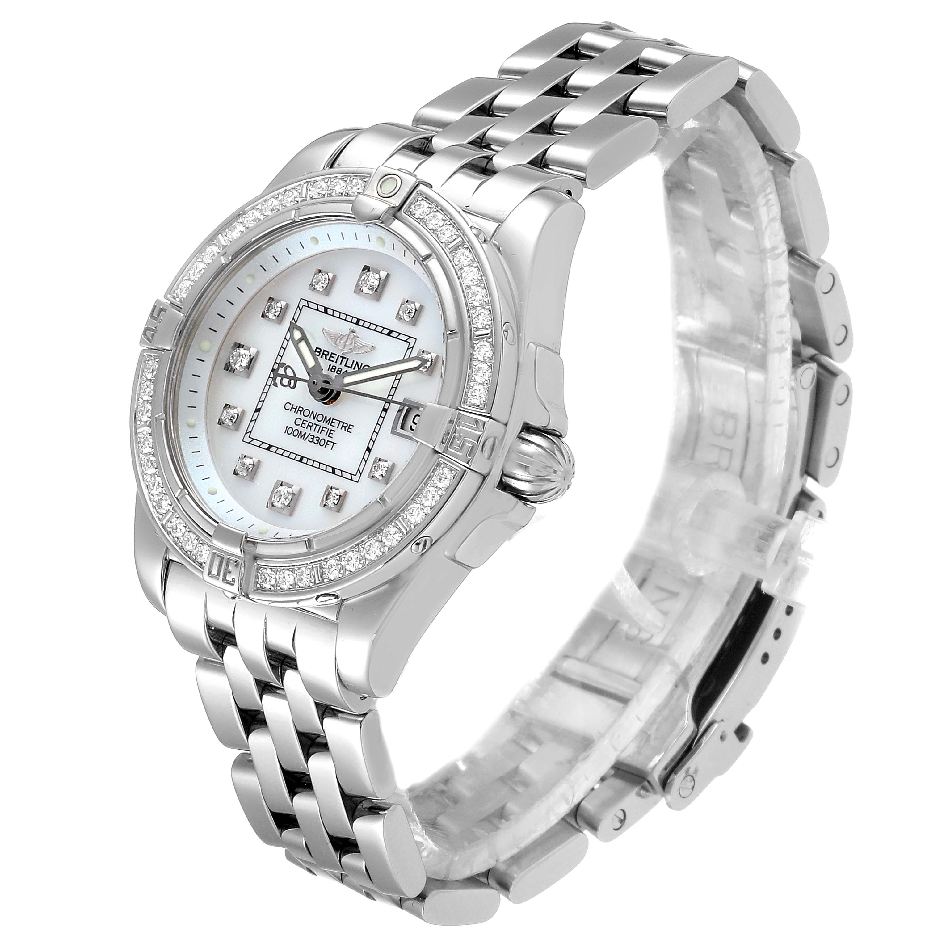 The image shows a side angle of the Breitling A71356 Women
s Stainless Steel Mother of Pearl Dial A71356 Women
s Stainless Steel Mother of Pearl Dial Cockpit Mother of Pearl Diamond Ladies Watch A71356, detailing the face, bracelet, and bezel.