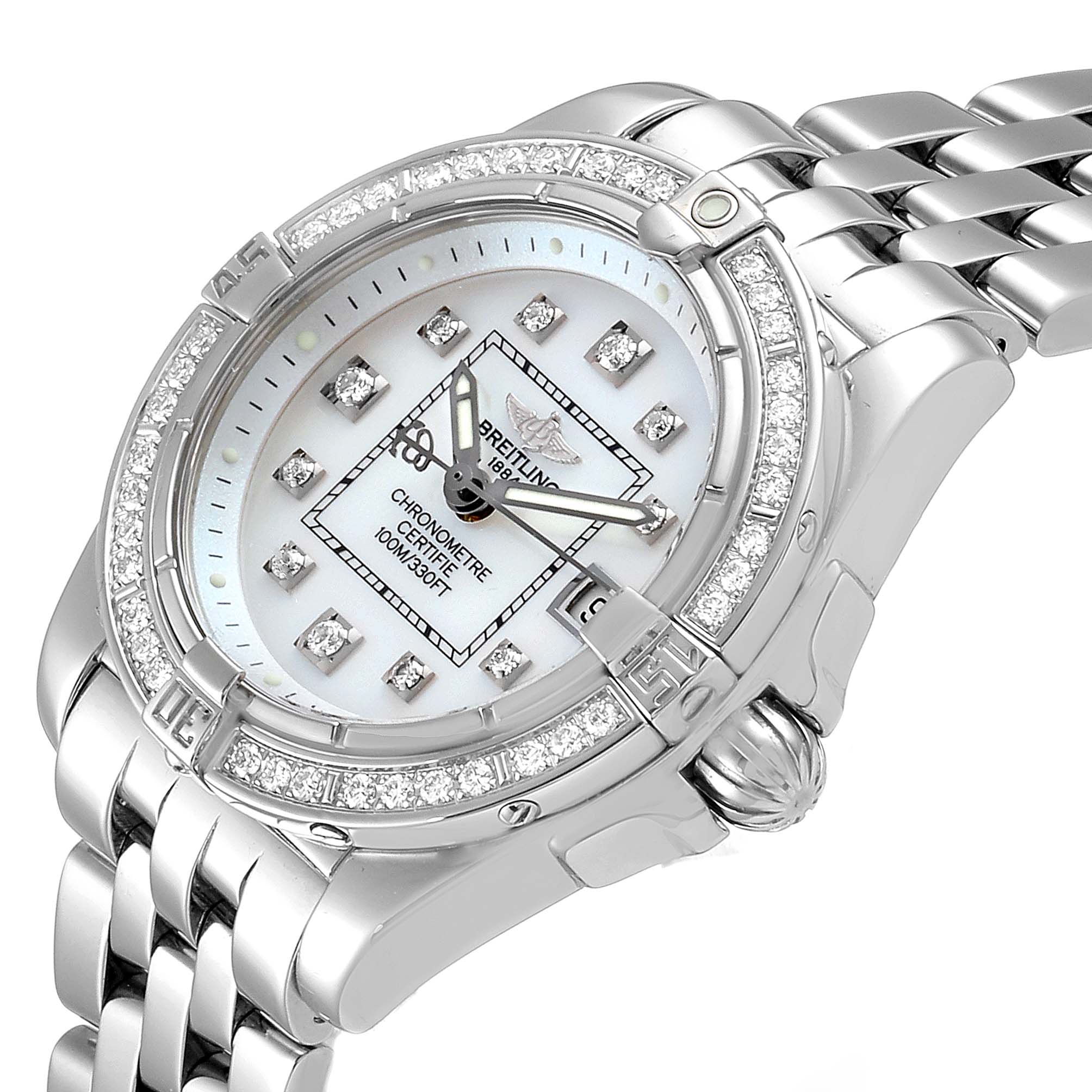 This image shows a close-up angle of the face, bezel, and bracelet of the Breitling A71356 Women
s Stainless Steel Mother of Pearl Dial A71356 Women
s Stainless Steel Mother of Pearl Dial Cockpit Mother of Pearl Diamond Ladies Watch A71356 model.