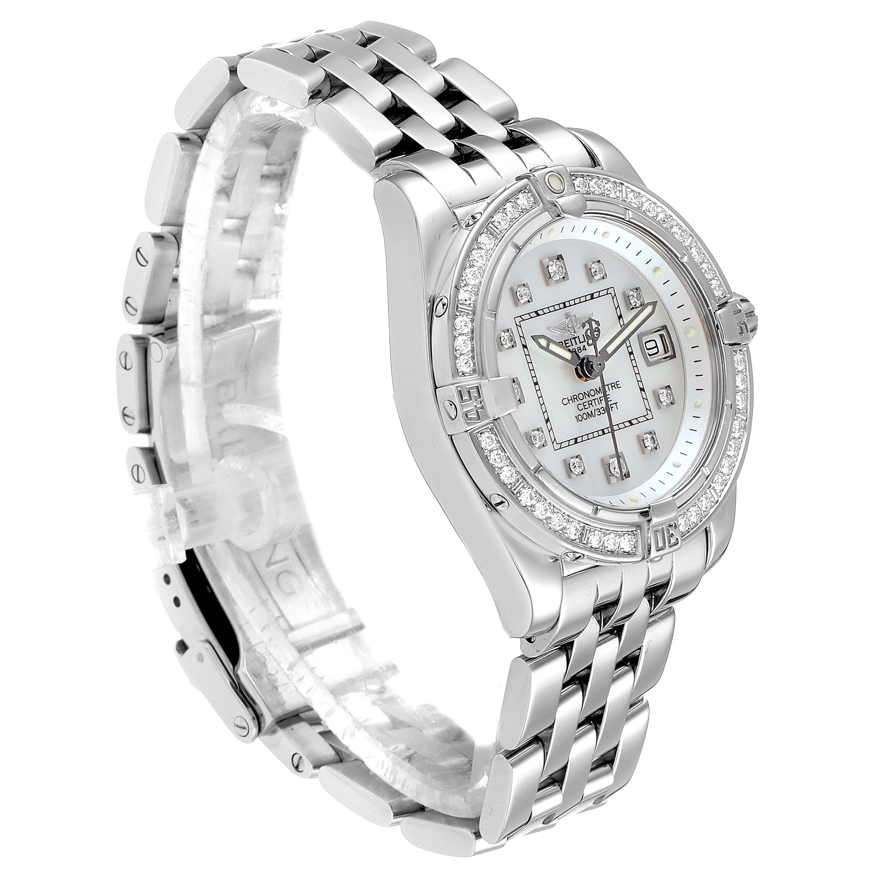 The image shows a side-angle view of the Breitling A71356 Women
s Stainless Steel Mother of Pearl Dial A71356 Women
s Stainless Steel Mother of Pearl Dial Cockpit Mother of Pearl Diamond Ladies Watch A71356, highlighting the bracelet, bezel, and dial.