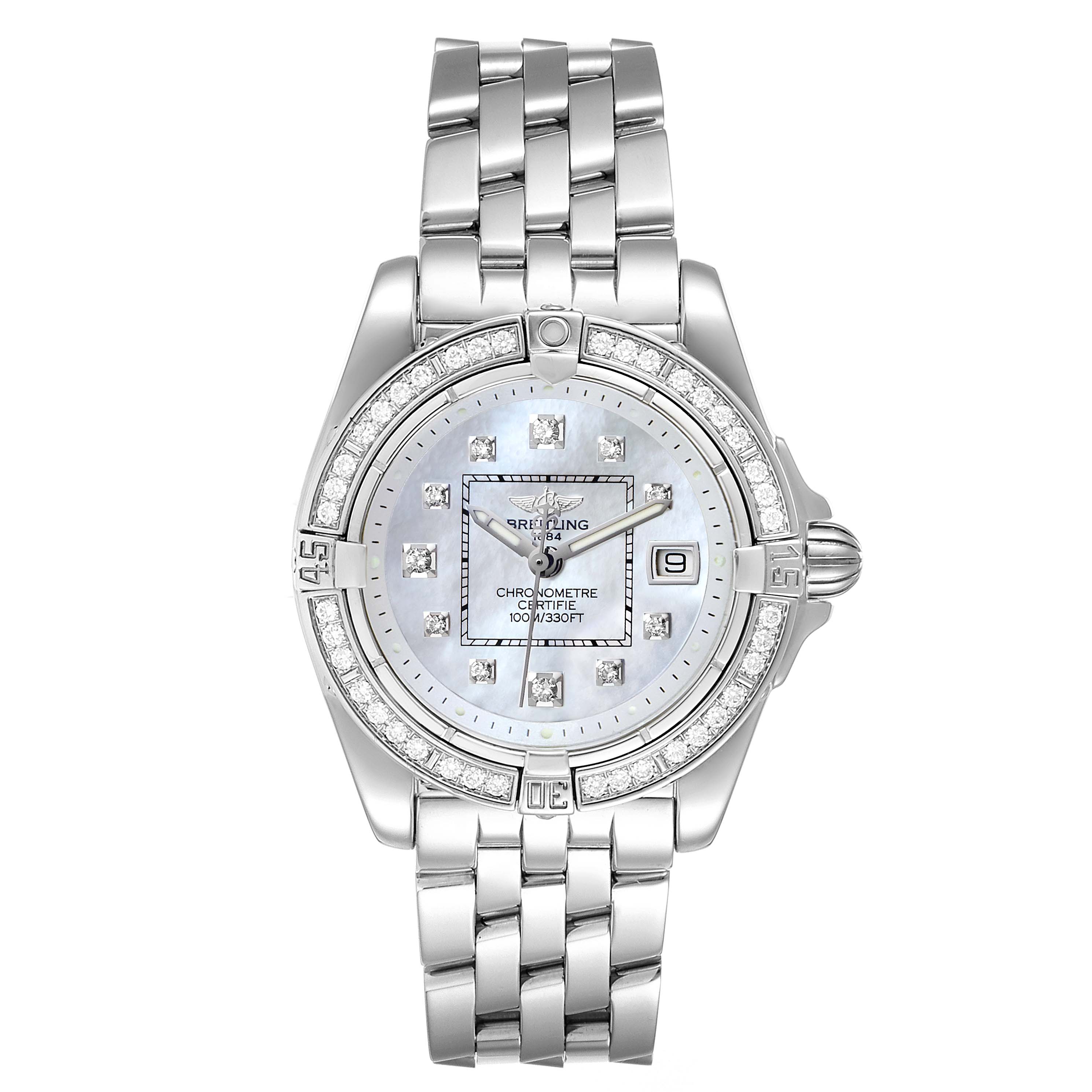 The Breitling A71356 Women
s Stainless Steel Mother of Pearl Dial A71356 Women
s Stainless Steel Mother of Pearl Dial Cockpit Mother of Pearl Diamond Ladies Watch A71356 is shown from a front angle, highlighting the dial, bezel, and bracelet.