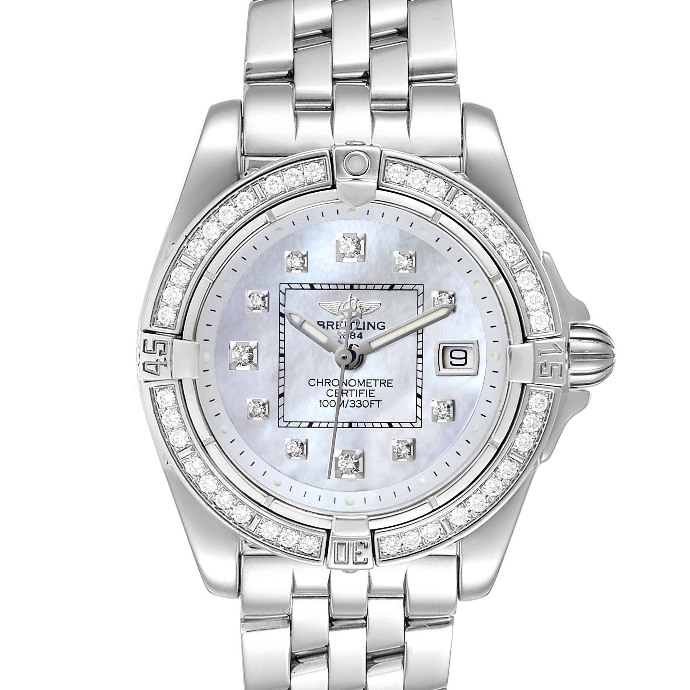 The image shows a front view of a Breitling A71356 Women
s Stainless Steel Mother of Pearl Dial A71356 Women
s Stainless Steel Mother of Pearl Dial Cockpit Mother of Pearl Diamond Ladies Watch A71356 model, highlighting the dial, bezel, and bracelet.