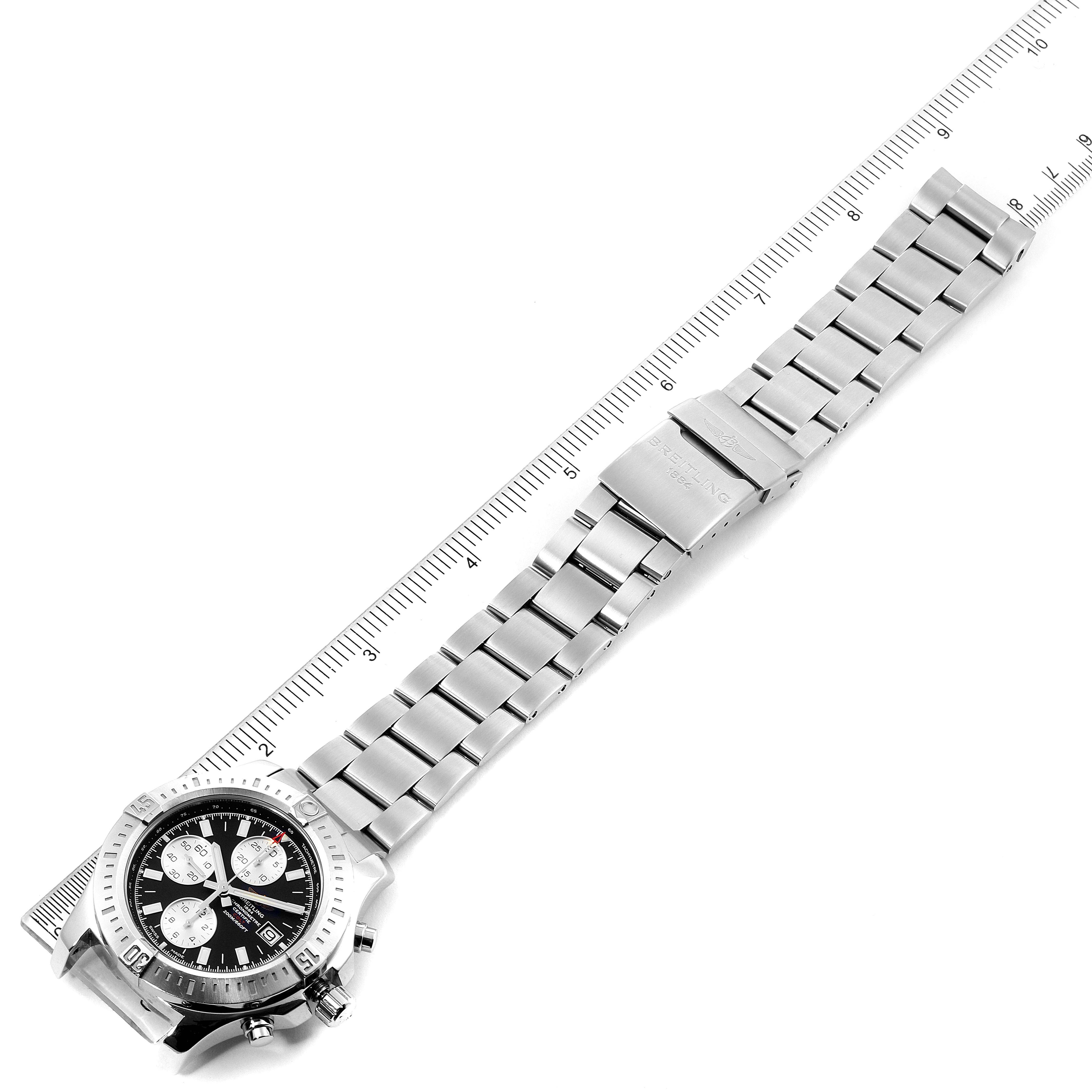 The image shows a top-down view of a Breitling Colt A13388 Men's Stainless Steel Black Dial A13388 Men's Stainless Steel Black Dial watch, including its face, bezel, and stainless steel bracelet with a clasp.