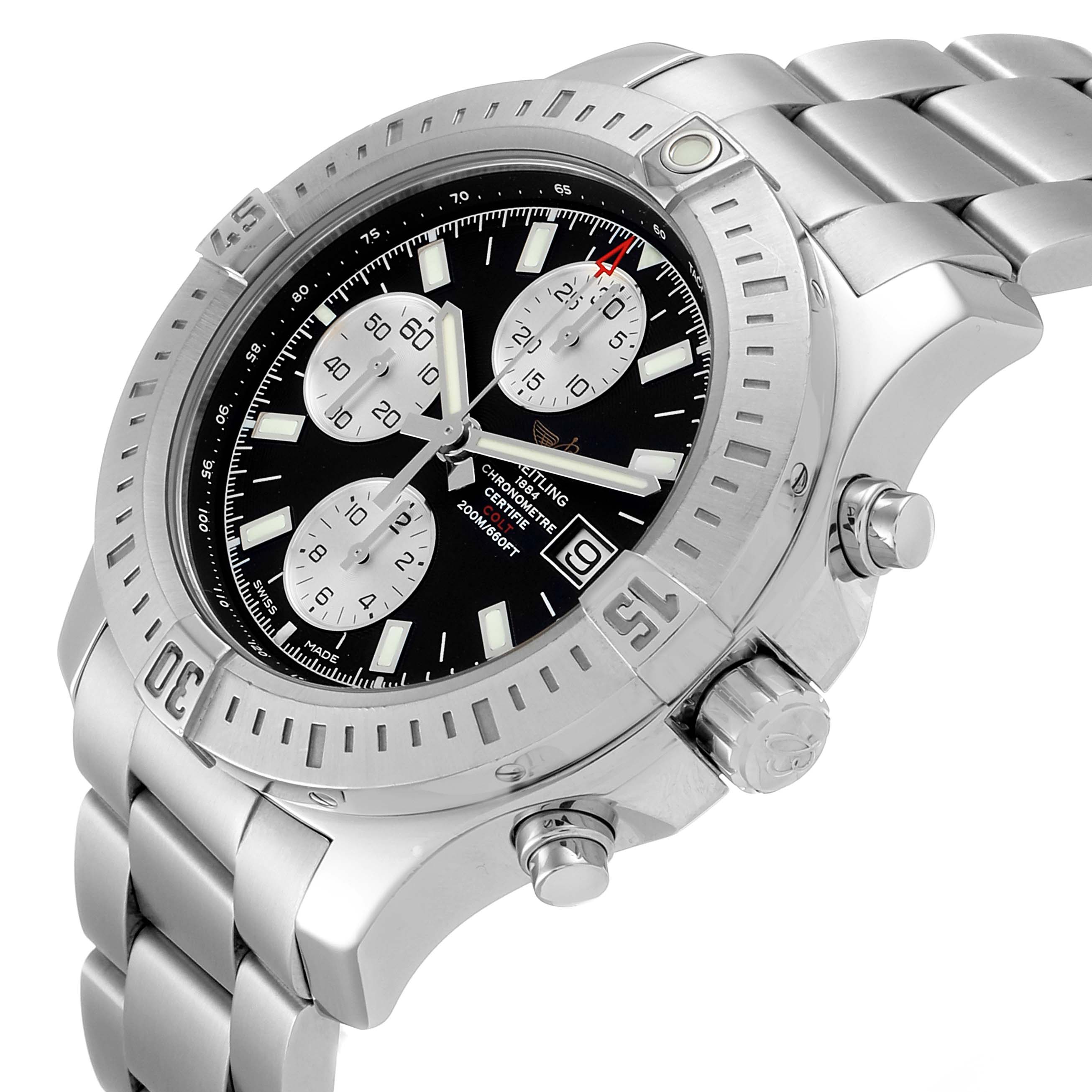 This image shows a Breitling Colt A13388 Men's Stainless Steel Black Dial A13388 Men's Stainless Steel Black Dial model watch at a three-quarter angle, highlighting the bezel, dial, pushers, and bracelet.