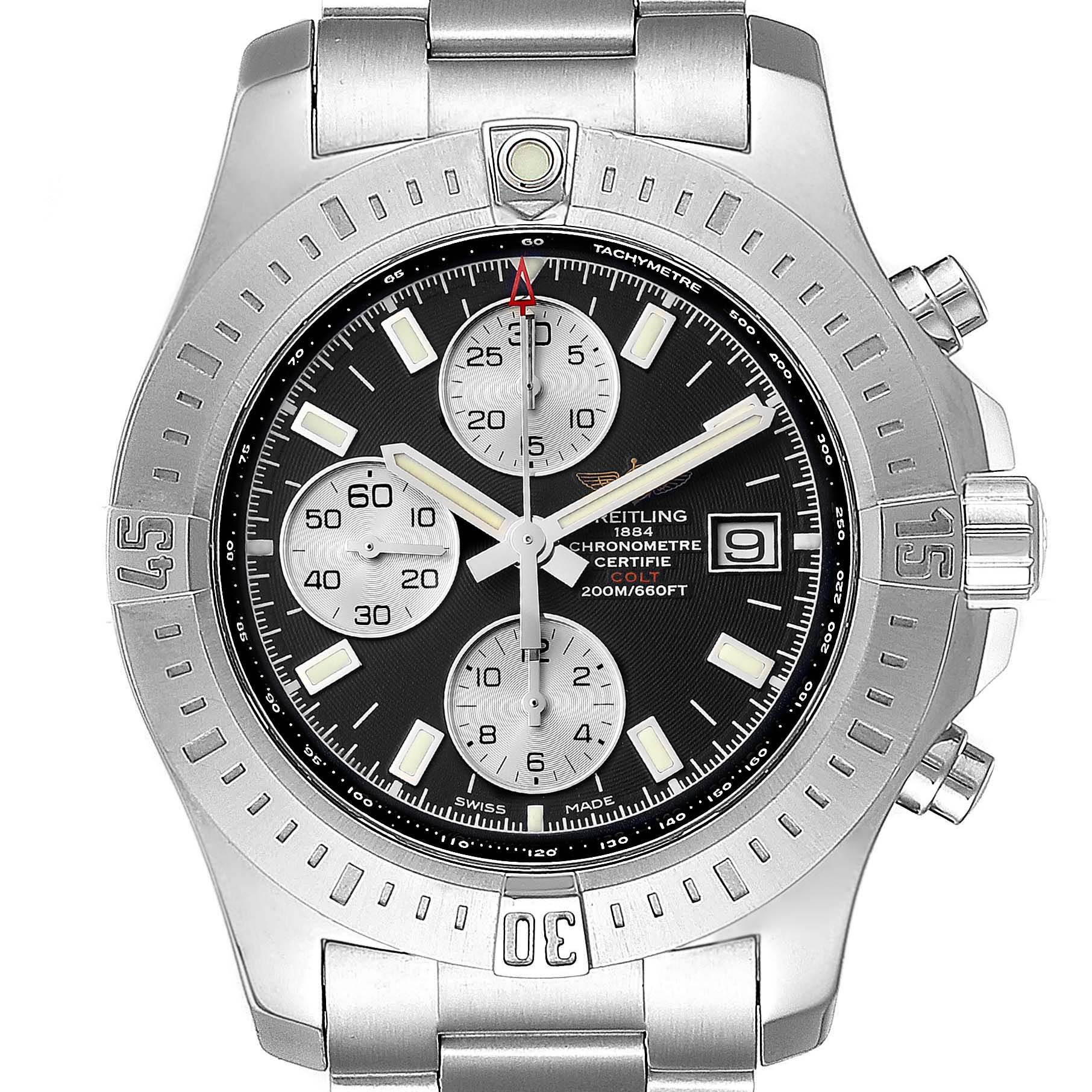 The image shows a front angle of the Breitling Colt A13388 Men's Stainless Steel Black Dial A13388 Men's Stainless Steel Black Dial watch, detailing the bezel, dial, chronograph subdials, and bracelet.