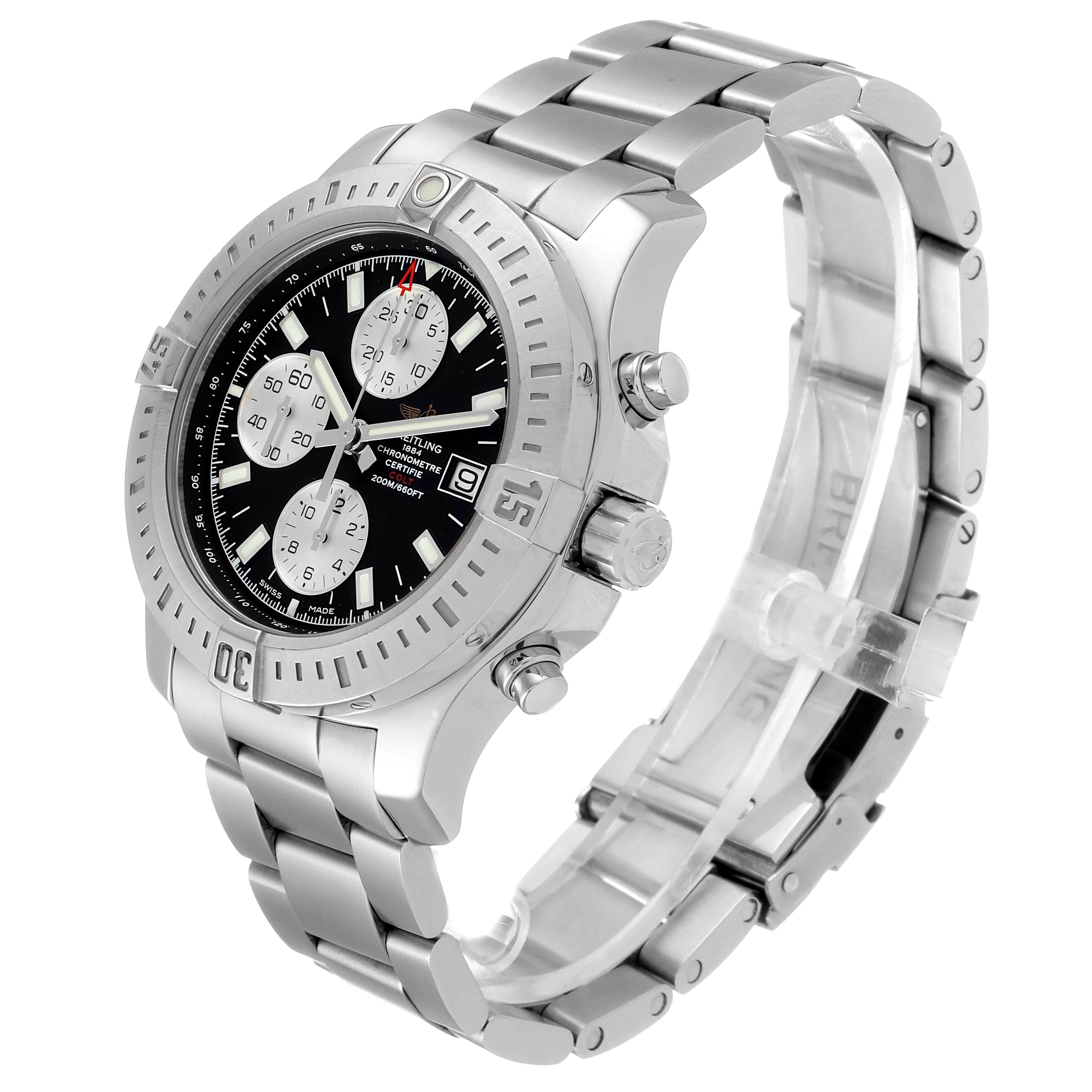The image shows a Breitling Colt A13388 Men's Stainless Steel Black Dial A13388 Men's Stainless Steel Black Dial watch at a three-quarter view angle, featuring its dial, bezel, crown, chronograph buttons, and bracelet.