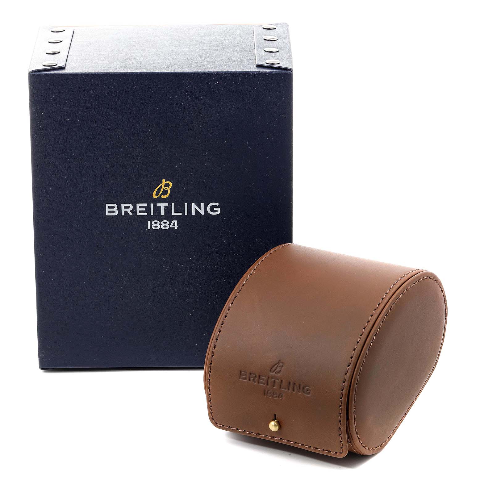 The image shows the Breitling Colt A13388 Men's Stainless Steel Black Dial A13388 Men's Stainless Steel Black Dial watch's packaging with a navy box and a brown leather watch case.