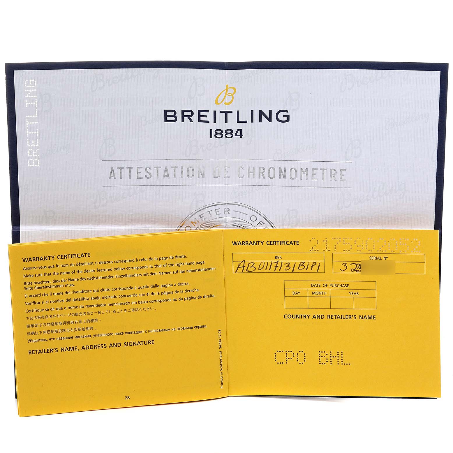 The image shows a warranty certificate and chronometer attestation booklet for the Breitling Navitimer watch.