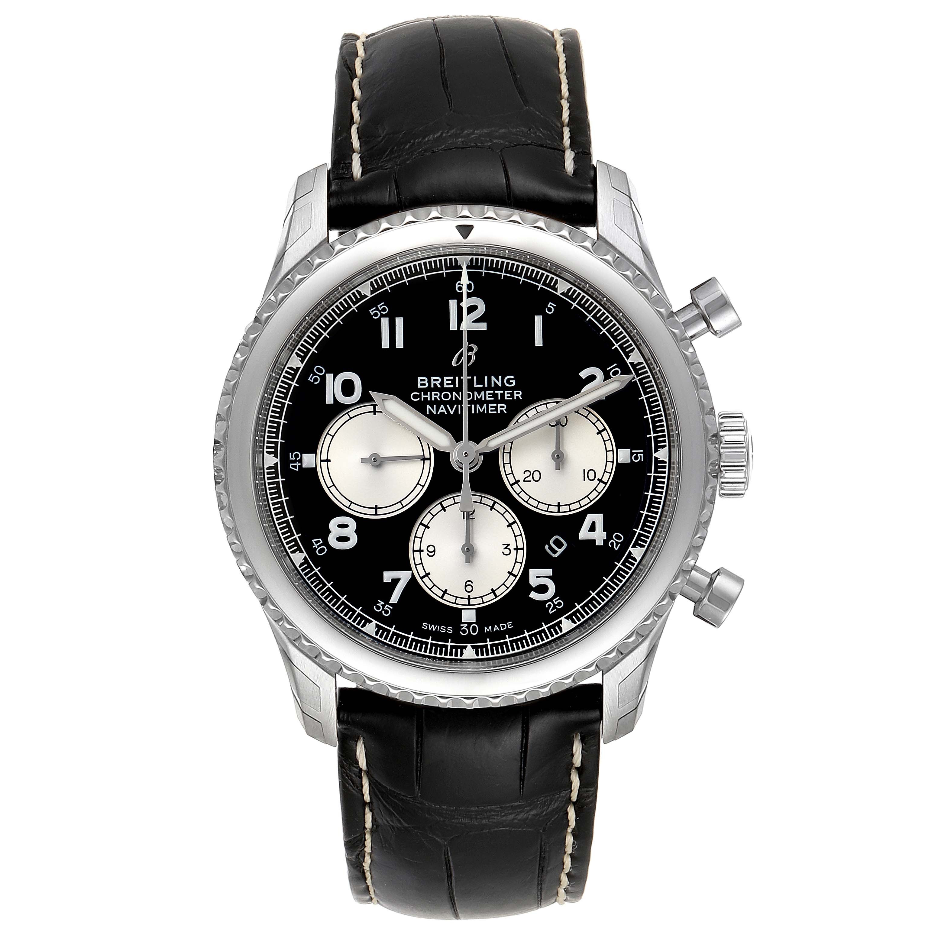 This image shows a front view of a Breitling Navitimer watch featuring a black leather strap, a black dial with three sub-dials, and silver hands.
