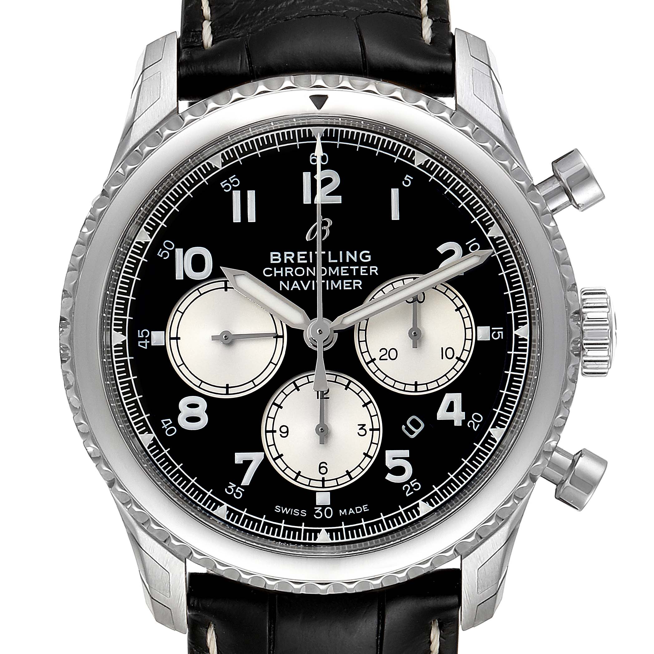 The image displays the face of a Breitling Aviator AB0117131B1P1 Men's Stainless Steel Black Dial AB0117131B1P1 Men's Stainless Steel Black Dial Navitimer chronometer, including its dial, sub-dials, and black leather strap.