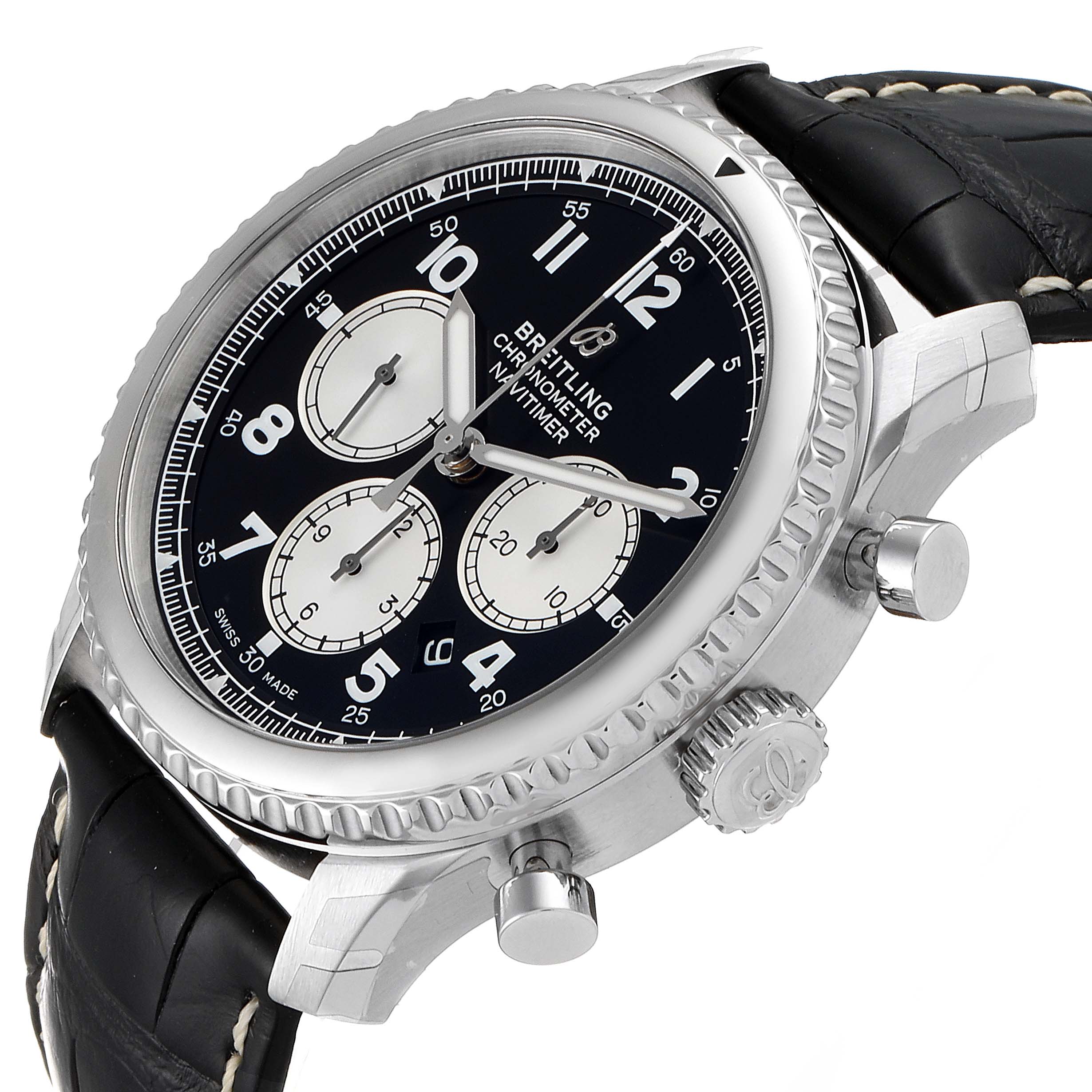 The image shows a side angle of a Breitling Navitimer watch, highlighting its face, bezel, crown, pushers, and leather strap.